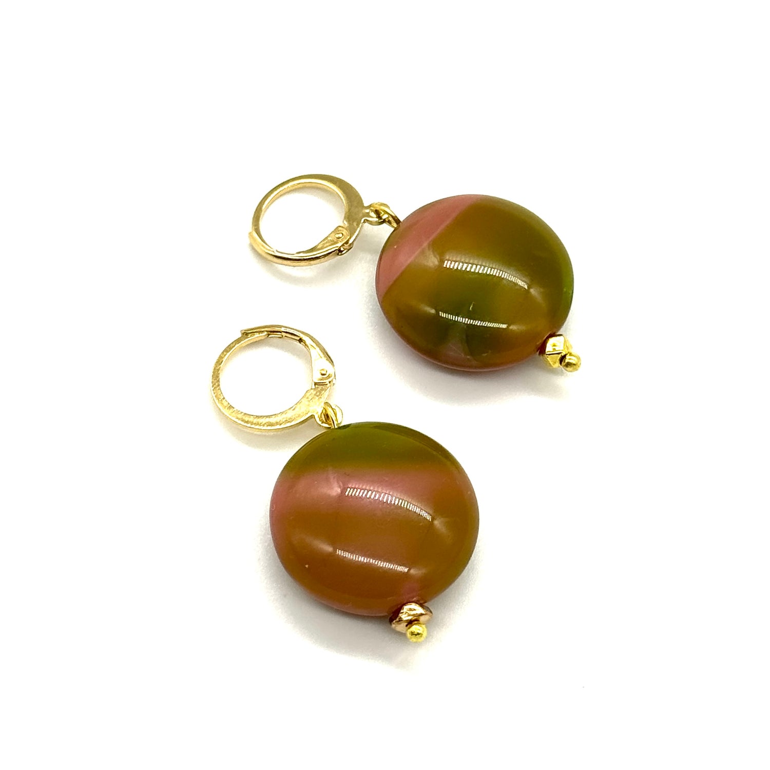 Pink &amp; Olive Glass Disc Drop Earrings