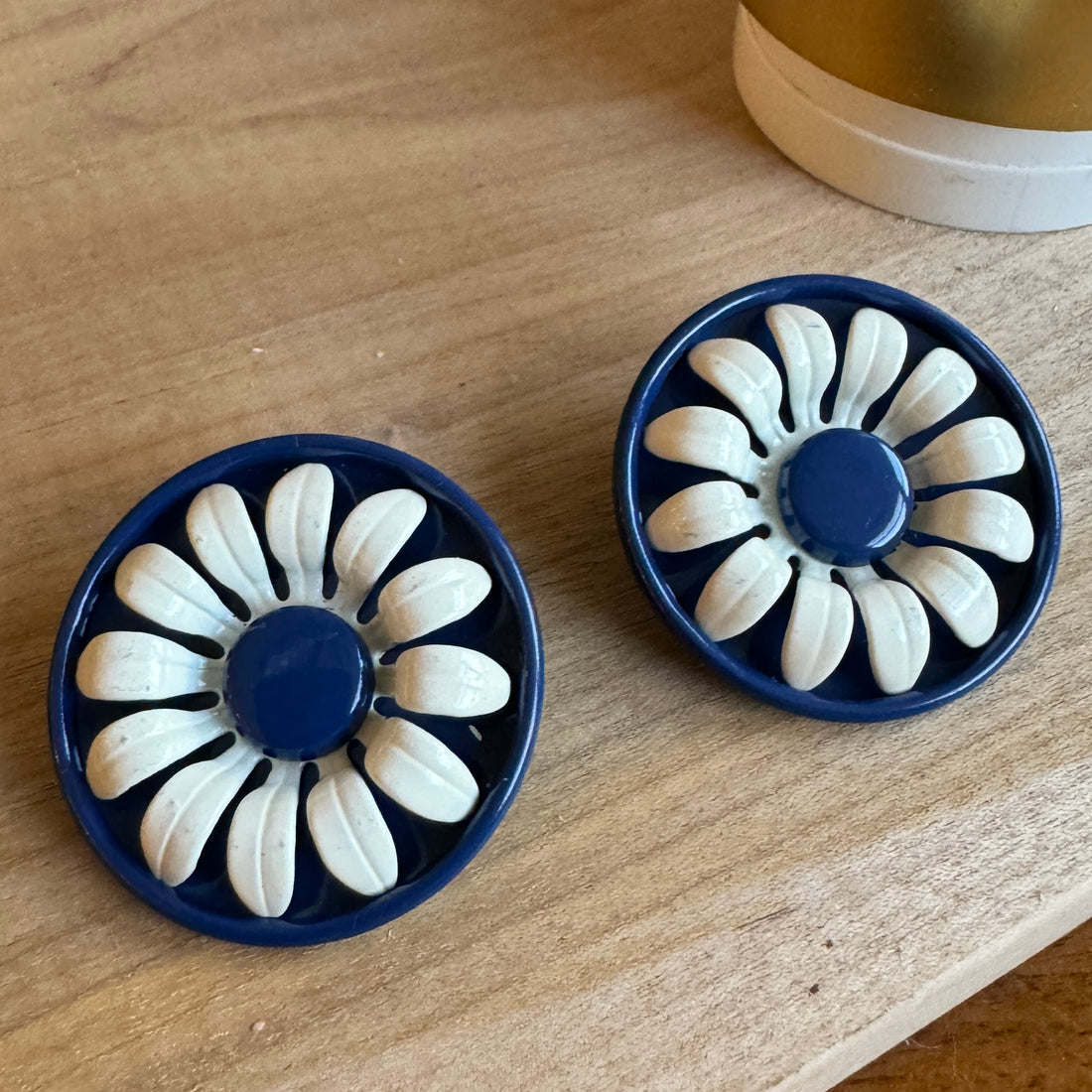 Navy Blue Metal Daisy Flower Layered Stud Earrings *