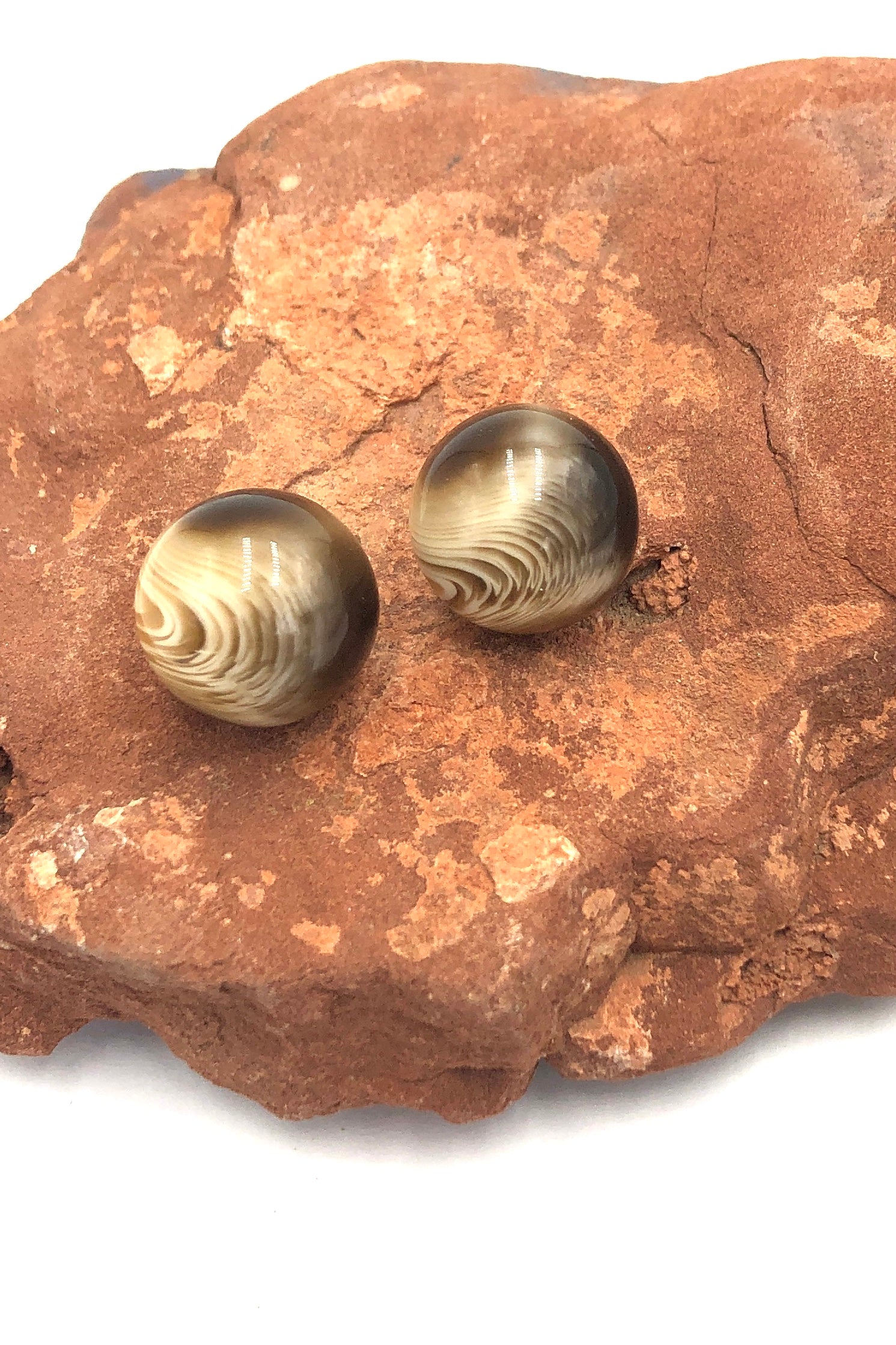 Brown Marbled Agate Retro Button Stud Earrings