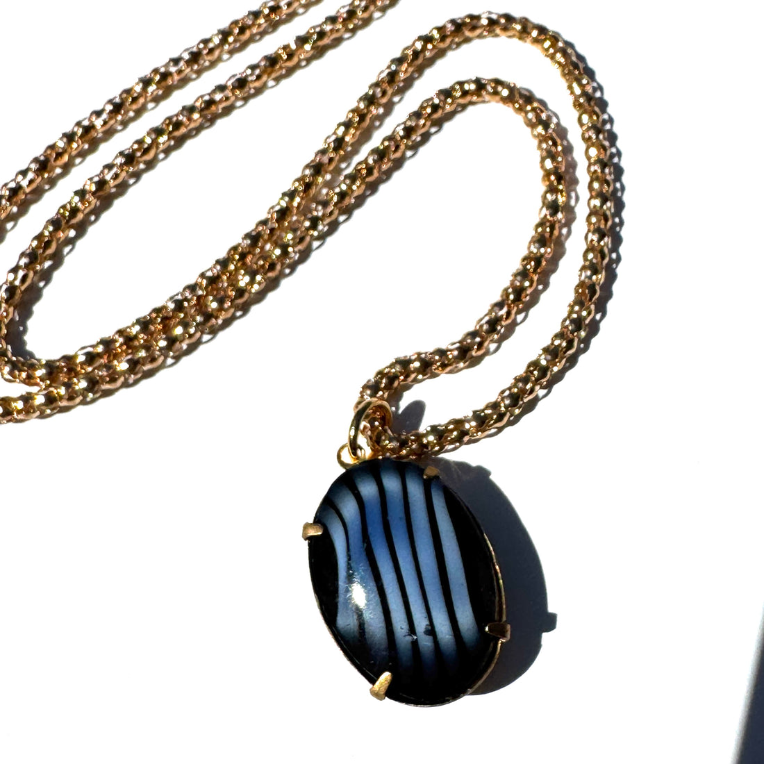 Vintage Blue &amp; Black Stripe Porphyr Glass Necklace