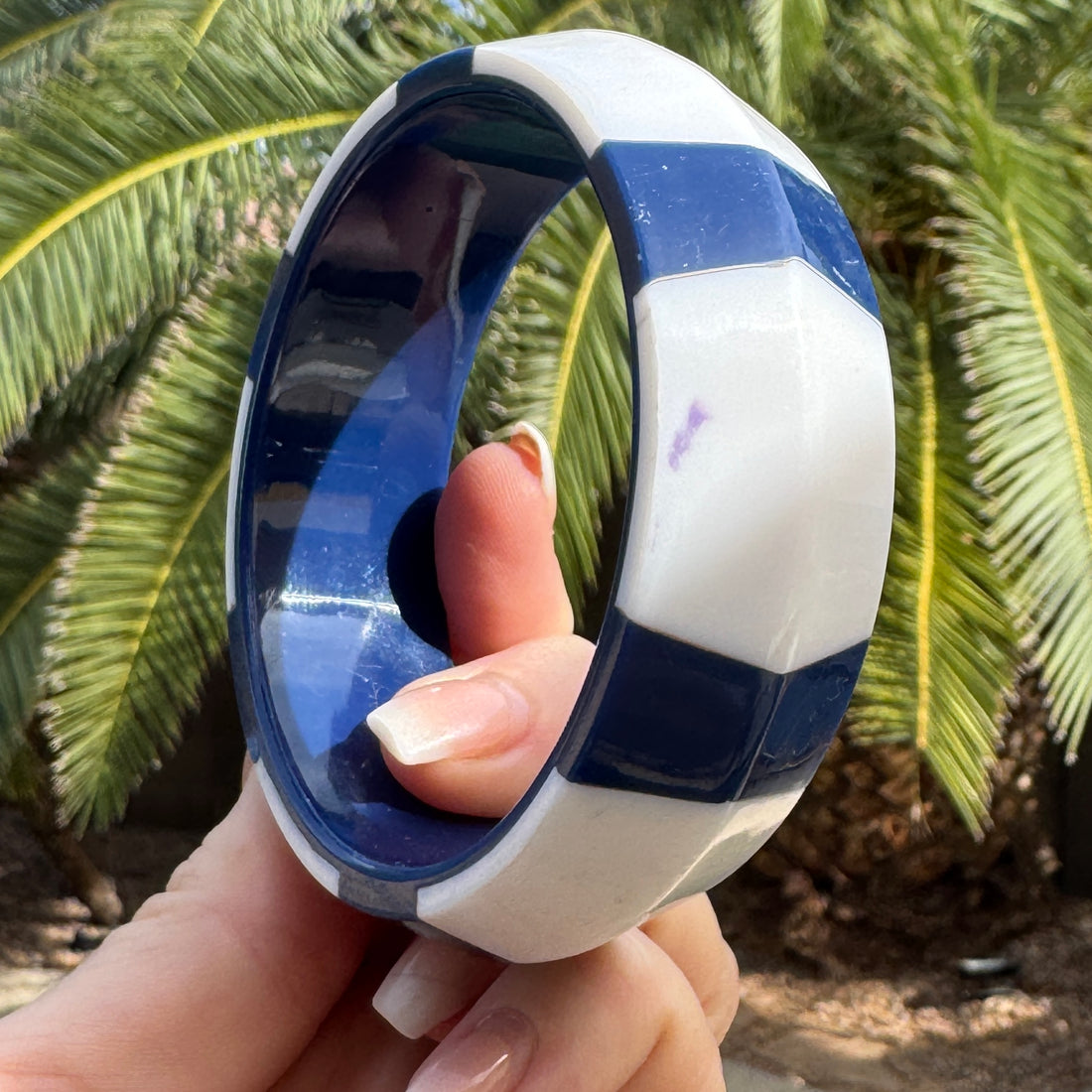 Blue &amp; White Stripe Beveled Bangle Bracelet