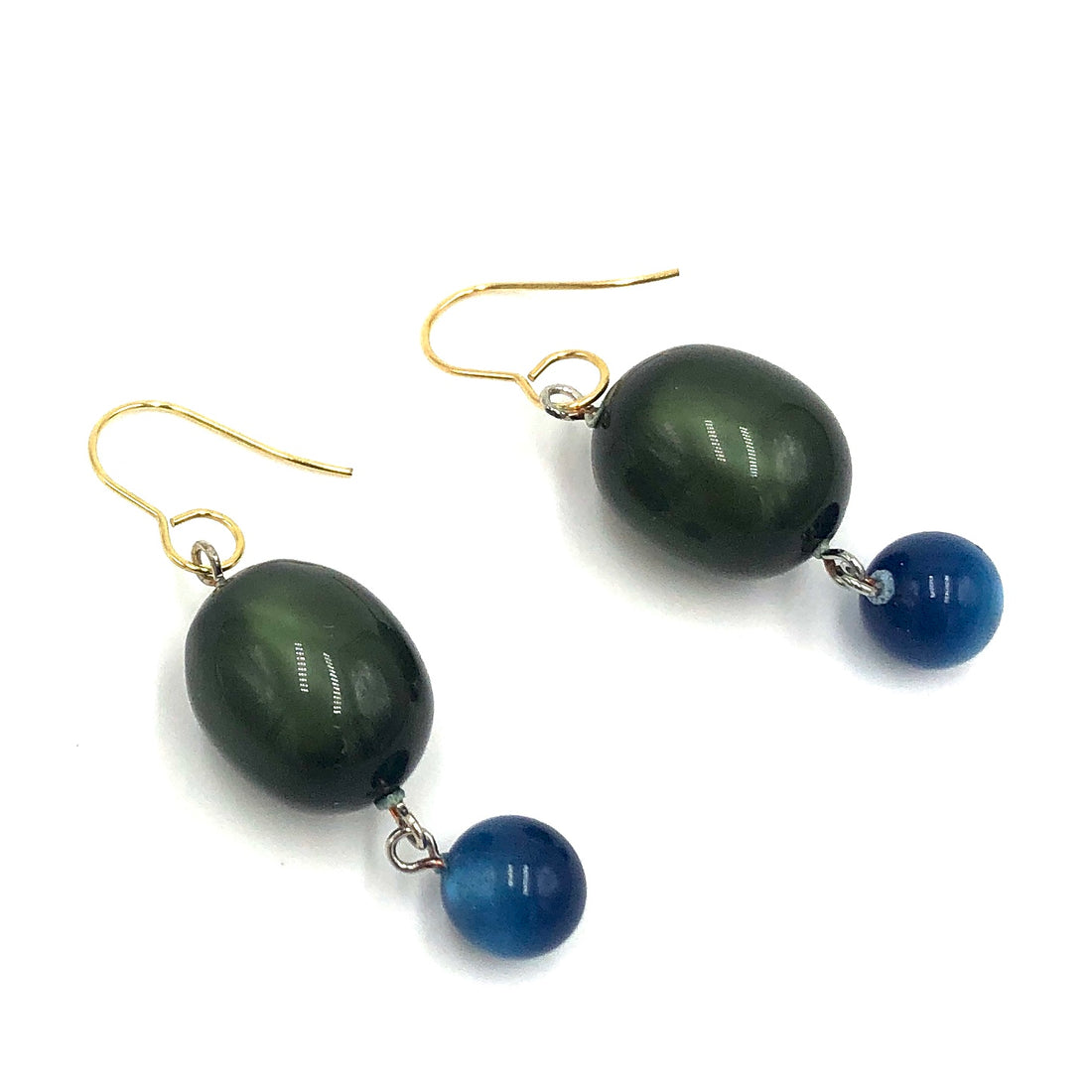 Dark Olive Green &amp; Sapphire Blue Moonglow Statement Earrings