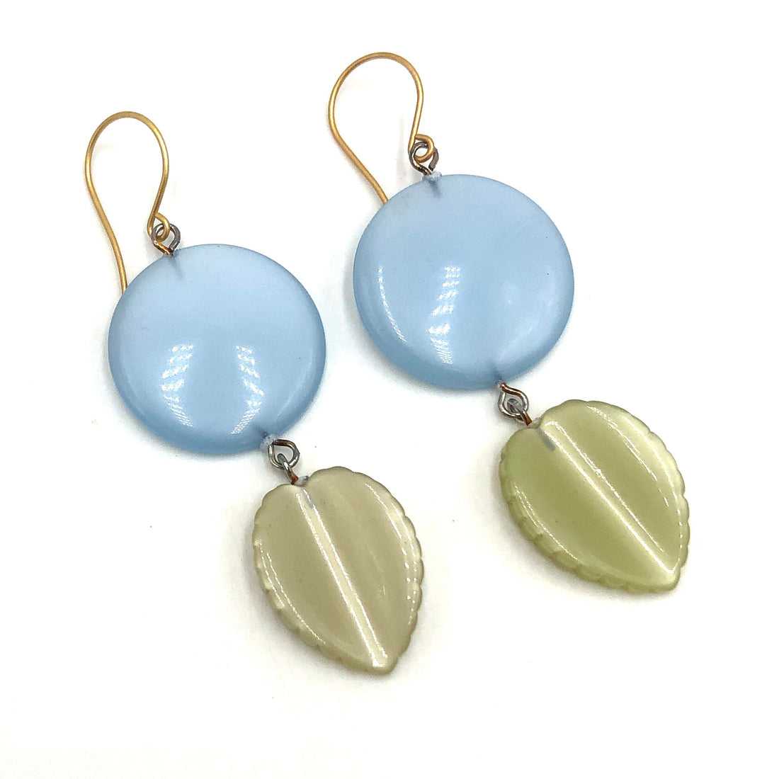 Ice Blue Disc &amp; Light Sage Green Leaf Moonglow Statement Earrings