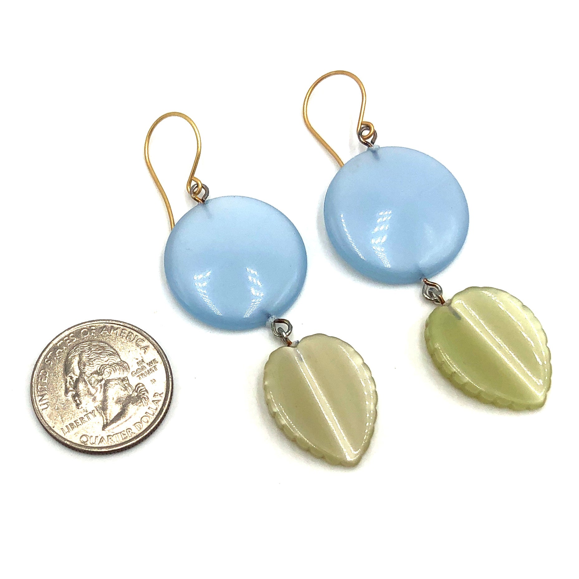 Ice Blue Disc &amp; Light Sage Green Leaf Moonglow Statement Earrings