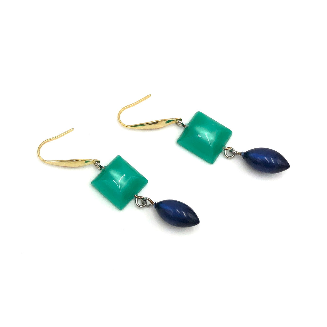 Green Square and Dark Blue Moonglow Statement Earrings