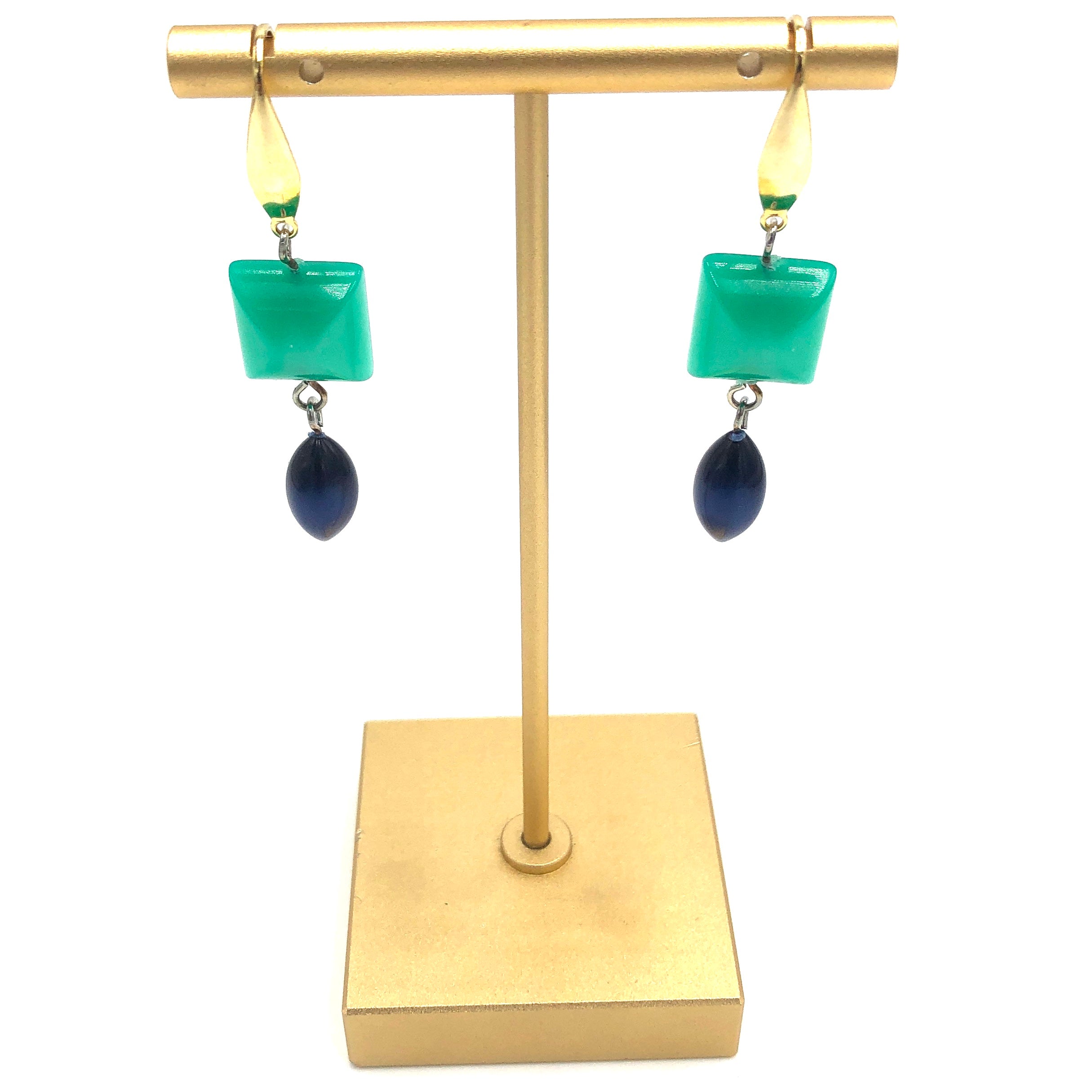 Green Square and Dark Blue Moonglow Statement Earrings