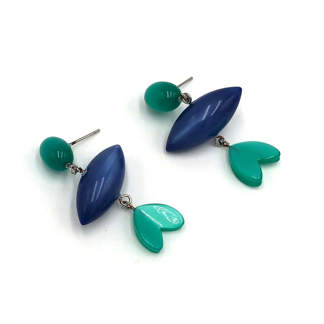 Green Stud &amp; Leaf with Blue Pod Moonglow Statement Earrings