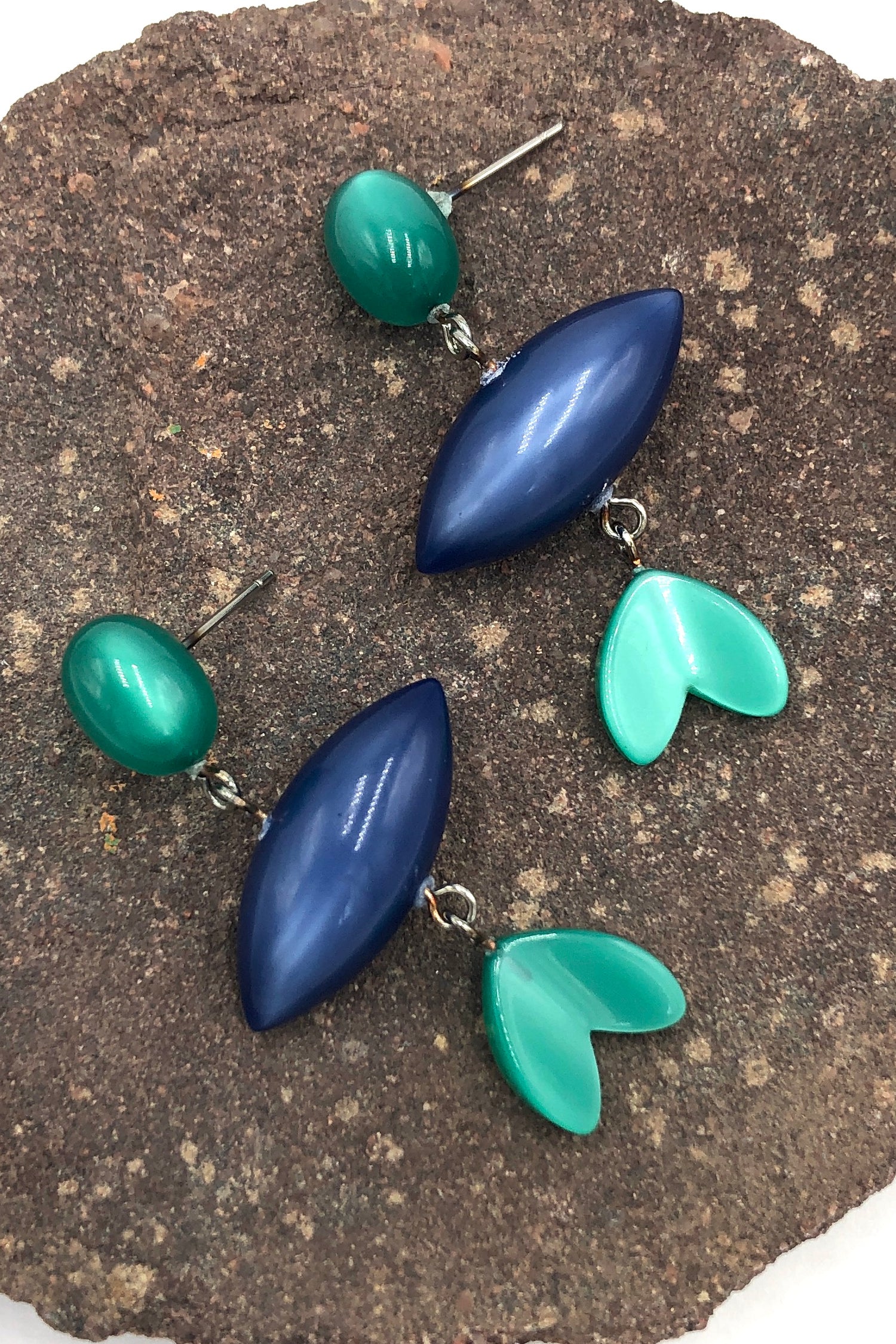 Green Stud &amp; Leaf with Blue Pod Moonglow Statement Earrings