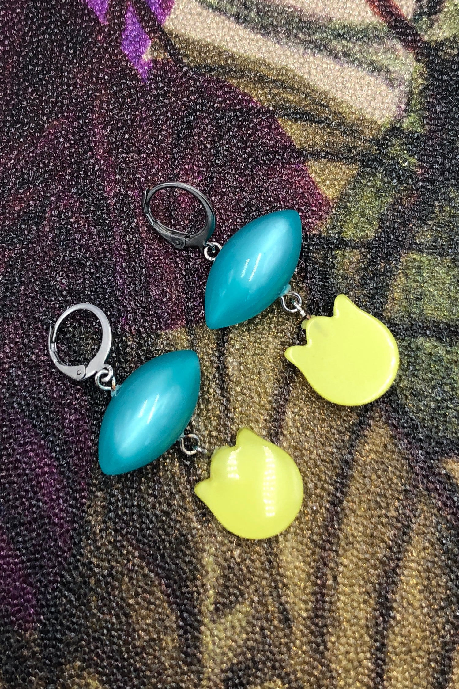 Teal Pod &amp; Yellow Tulip Moonglow Statement Earrings