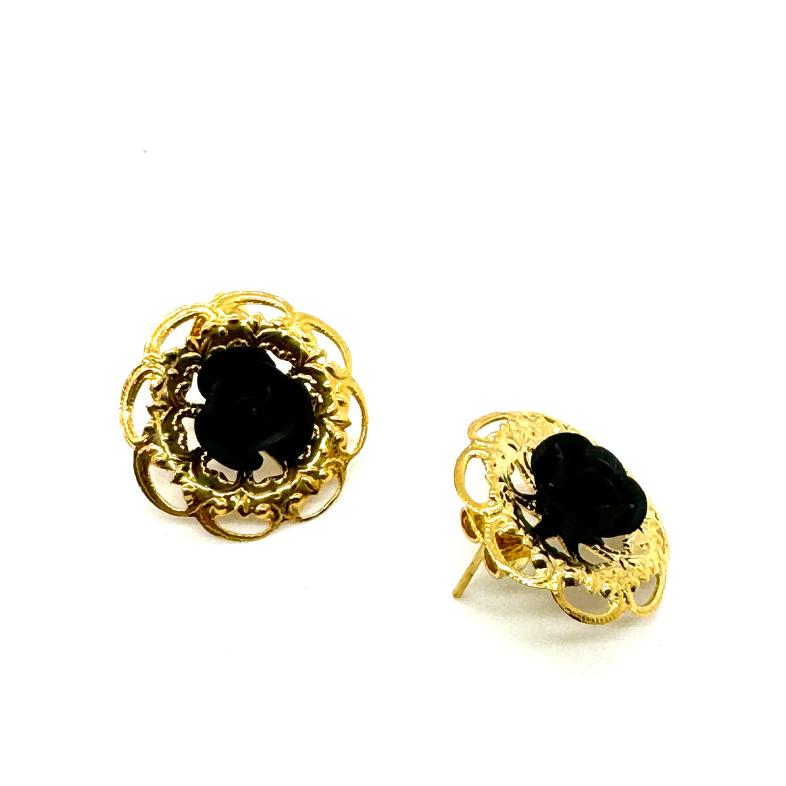 Gold Filigree &amp; Black Rose Stud Earrings - Kooky Deadstock Earrings *Final Sale