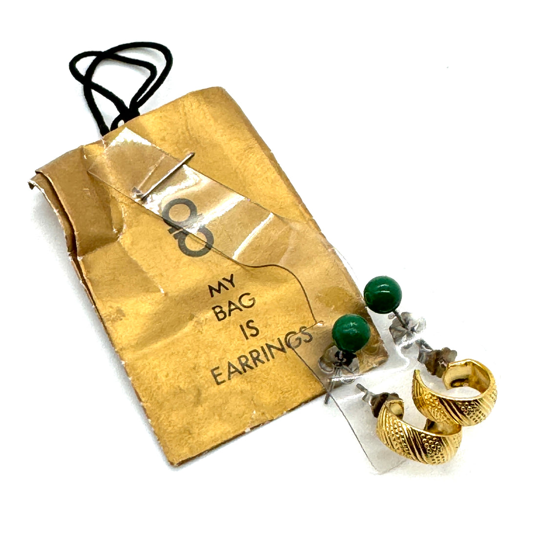Set of 2 Green Studs &amp; Gold Hoop Earrings - Kooky Deadstock Earrings
