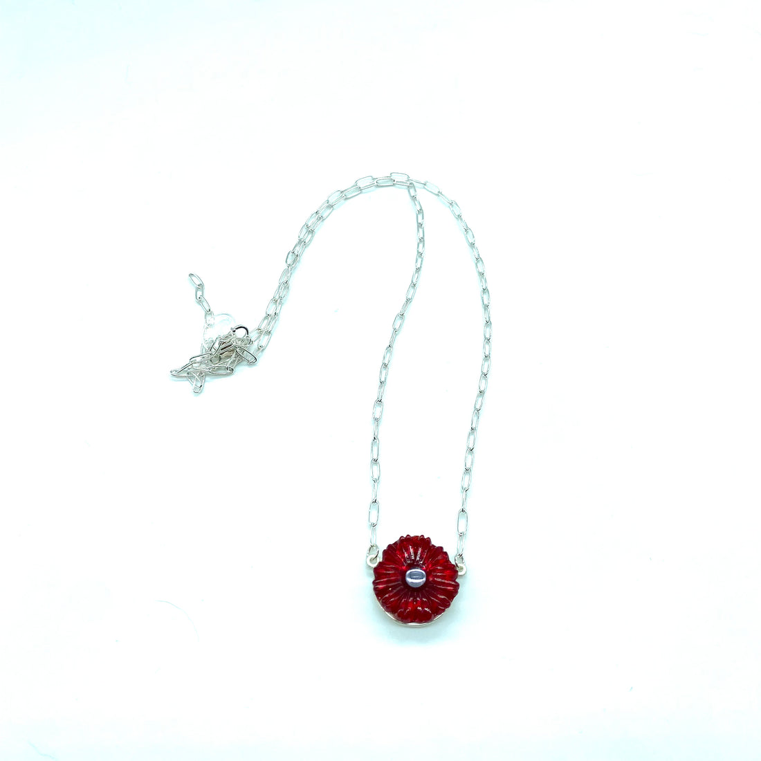 Flower Power Vintage Glass Necklace - Ruby Red &amp; Clear Med