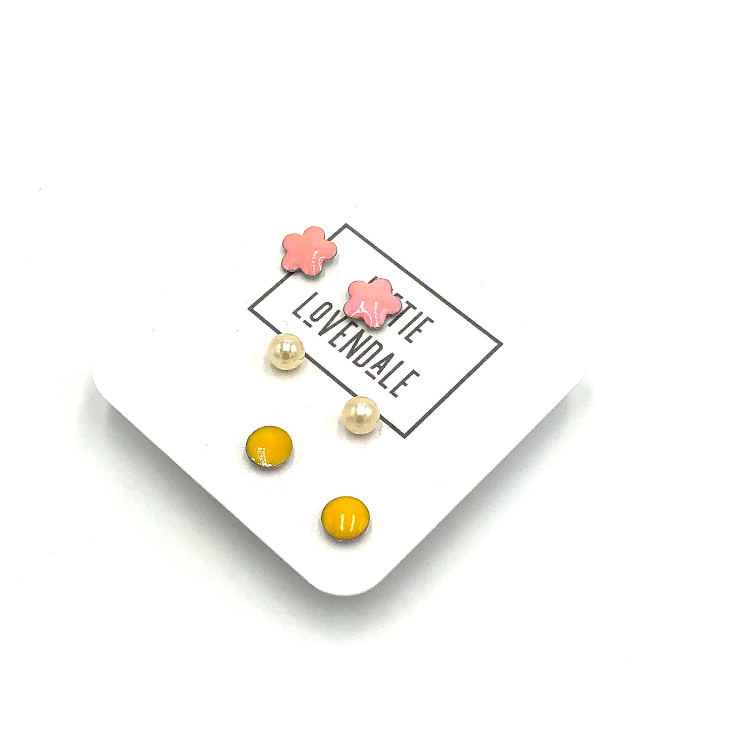 Yellow Pink &amp; Pearl - Vintage Enamel Studs Earrings Set