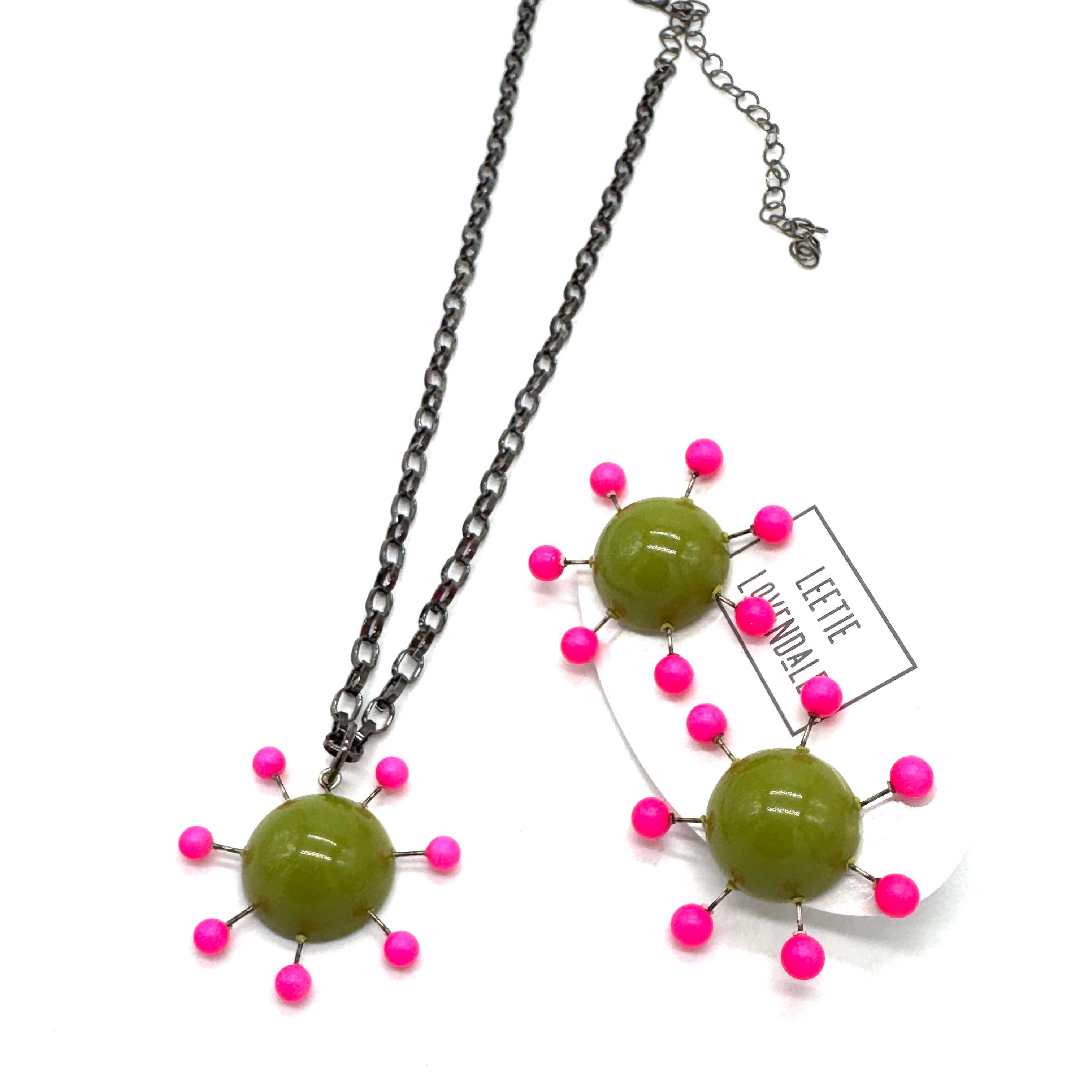 OlIve green earrings with hot pink beads radiating from center with posts and matching necklace pendant on a chain.