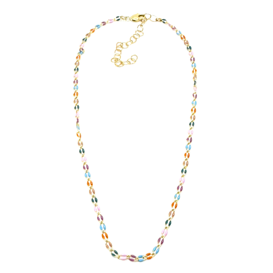 A golden chain necklace with colorful enameled links on a white background.