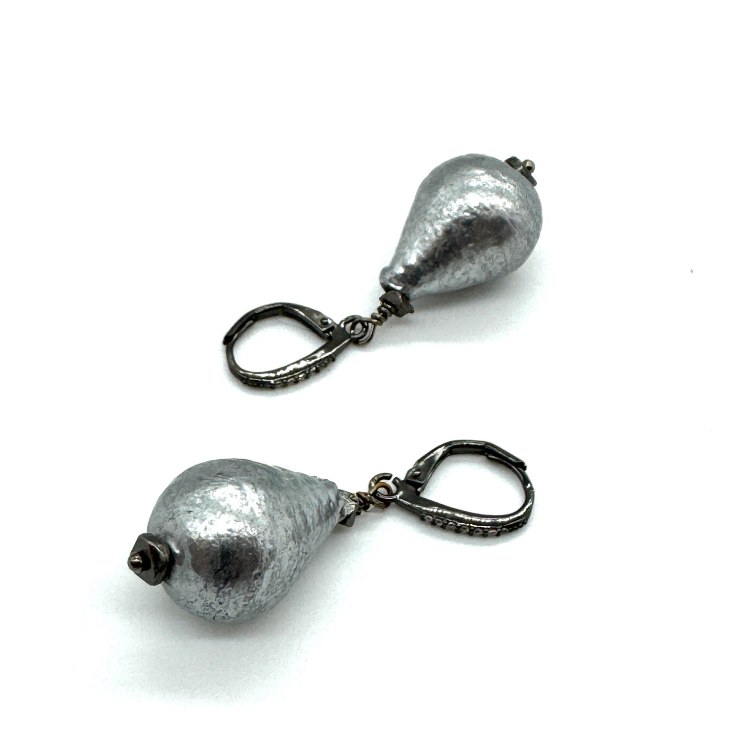 Silver Grey Cotton Pearl Drop Earrings