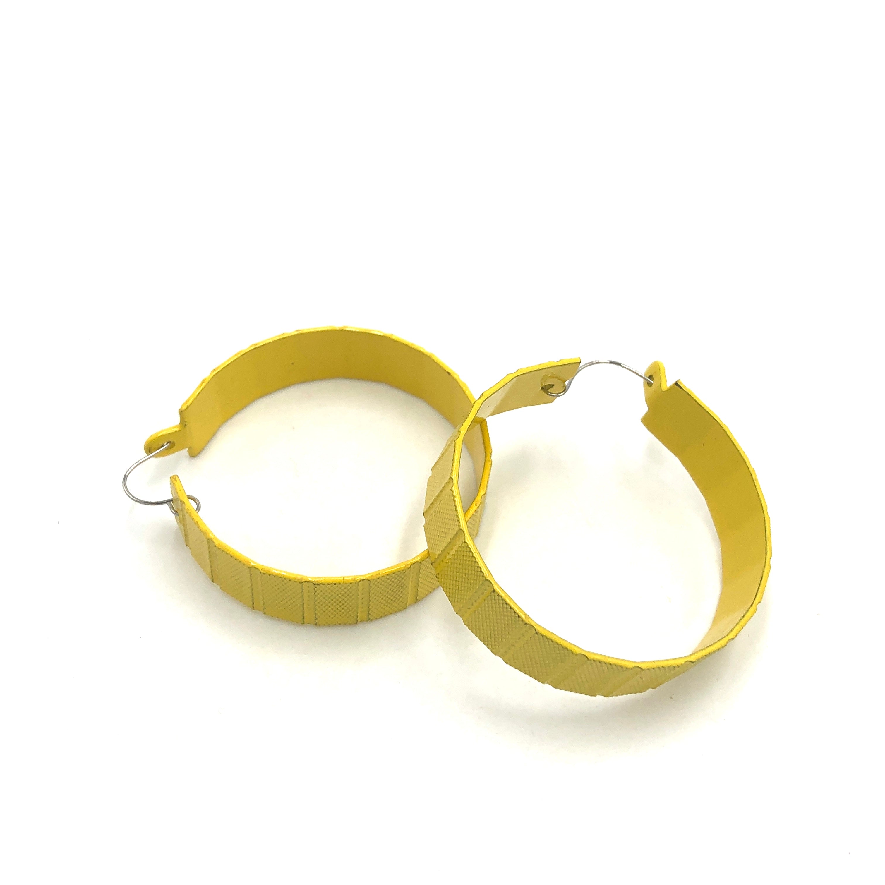 Yellow Ribbed Large Vintage Enamel Hoop Earrings