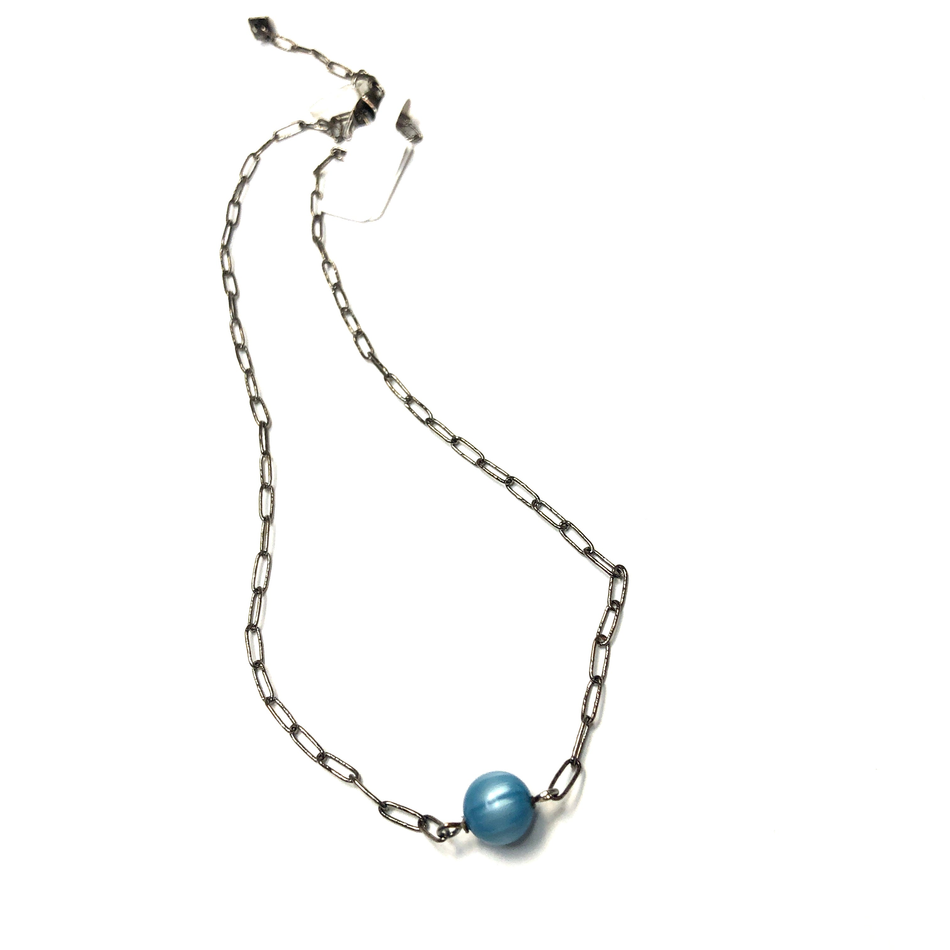 Aqua Blue Stripe Moonglow Bauble Paperclip Necklace