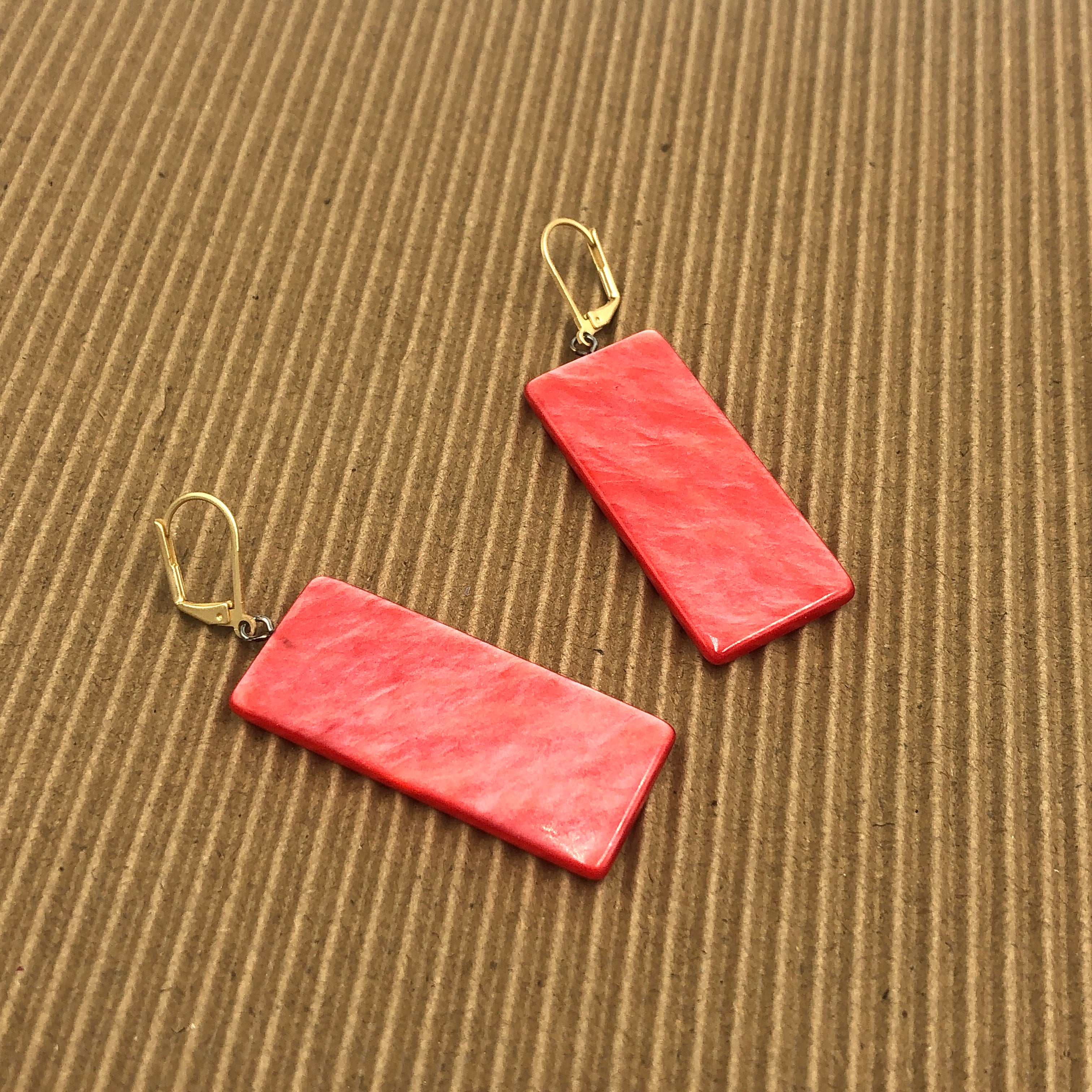 Coral Red Silk Rectangle Drop Earrings