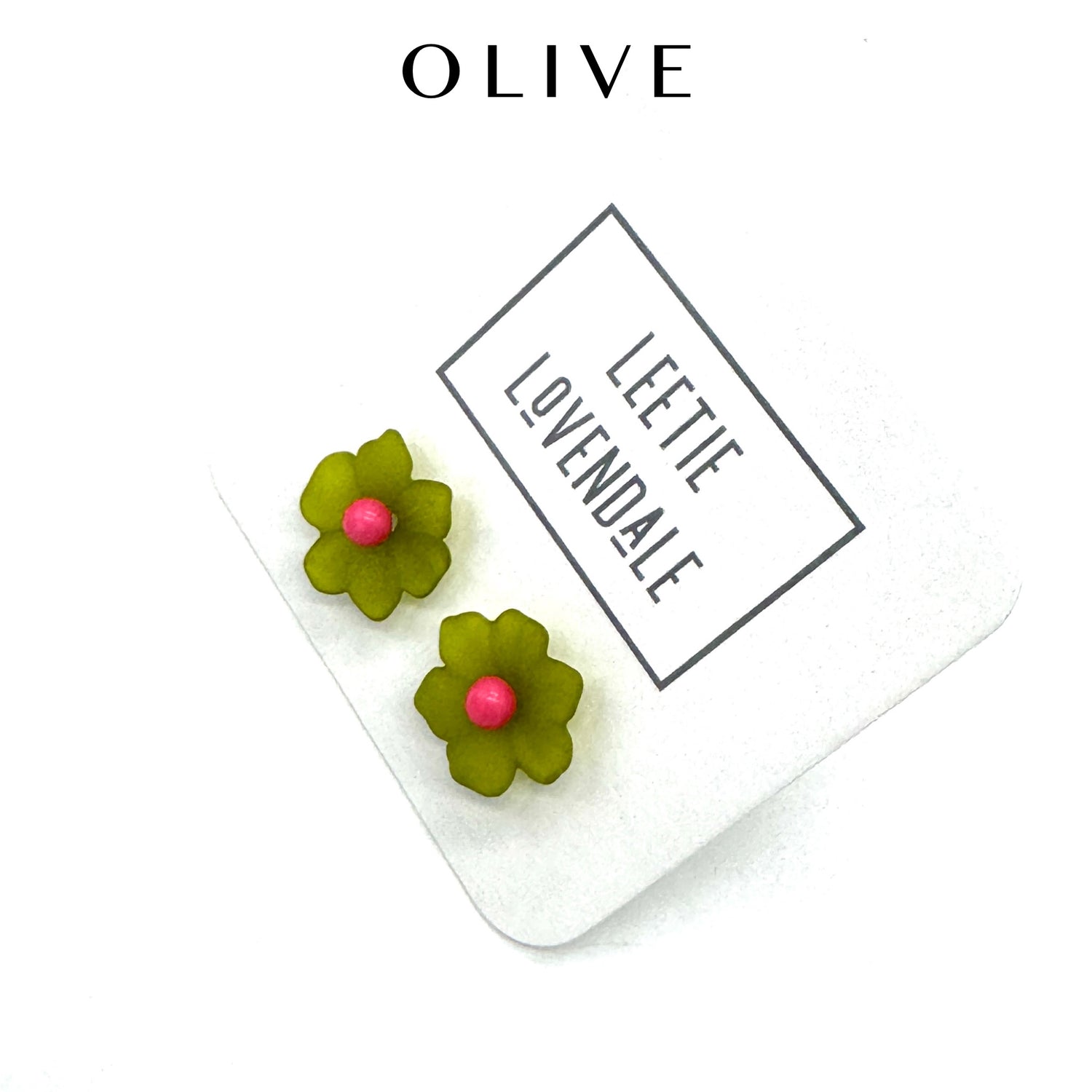 Olive green flower stud earrings on a white background