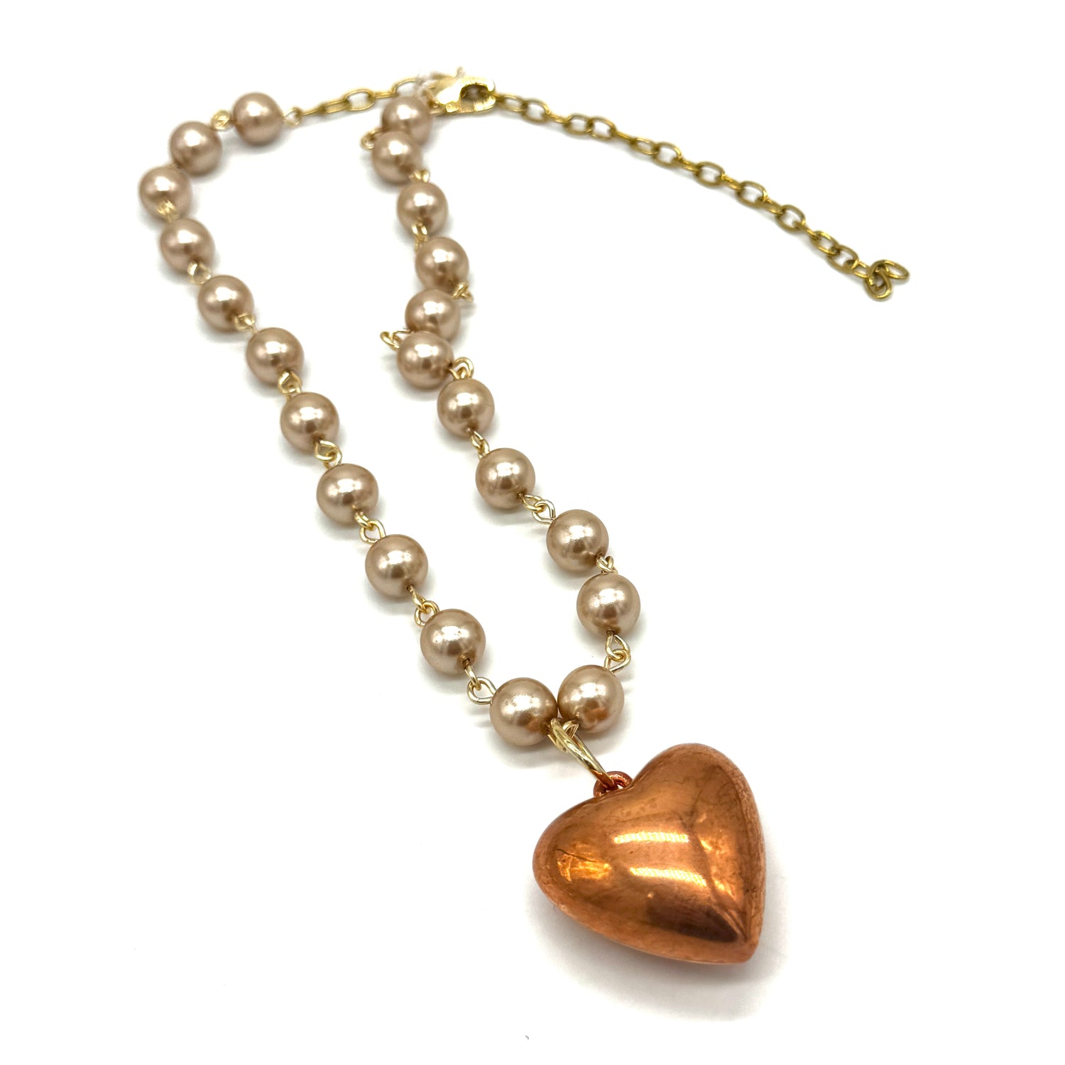 Light Champagne Glass Pearls &amp; Copper Heart Necklace