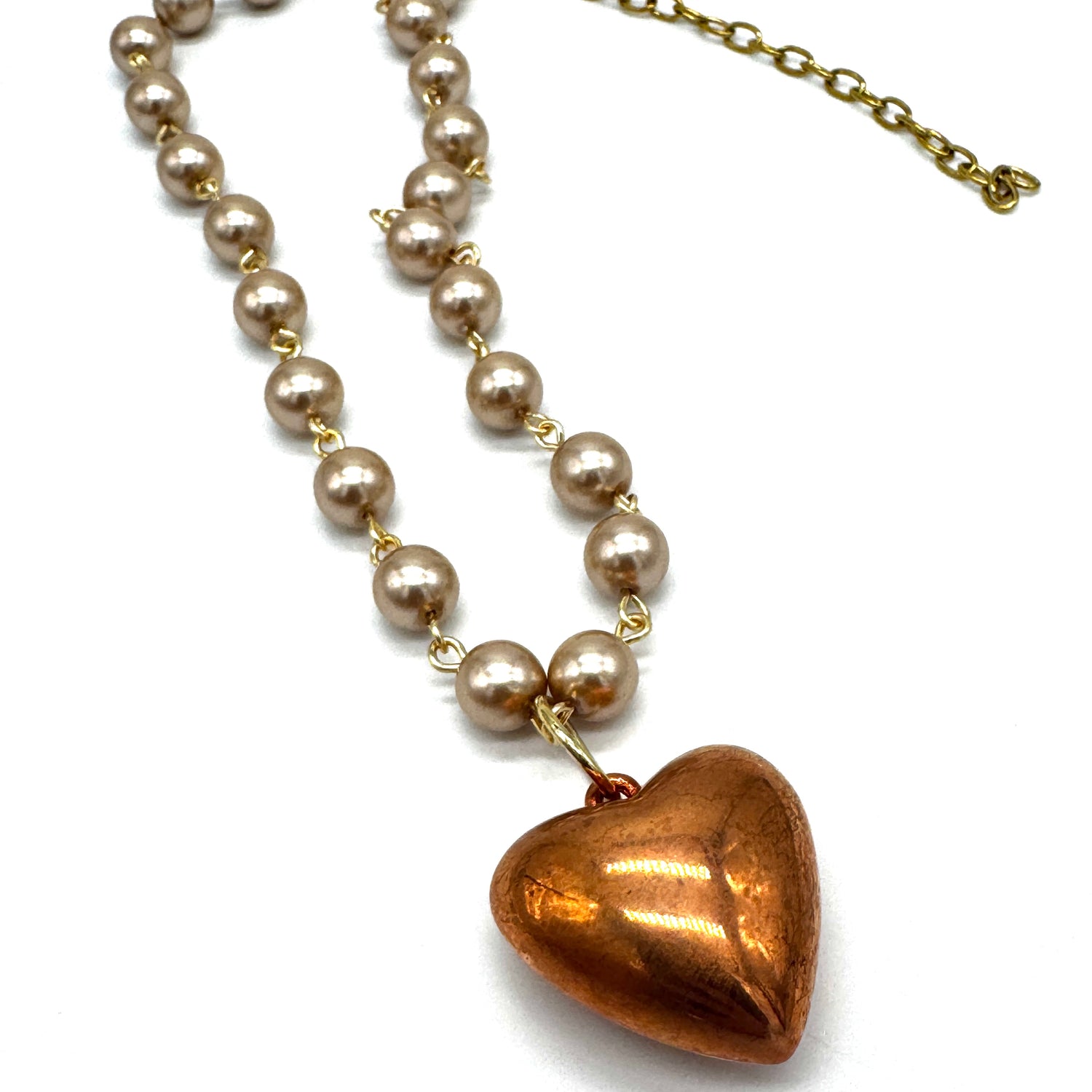 Light Champagne Glass Pearls &amp; Copper Heart Necklace