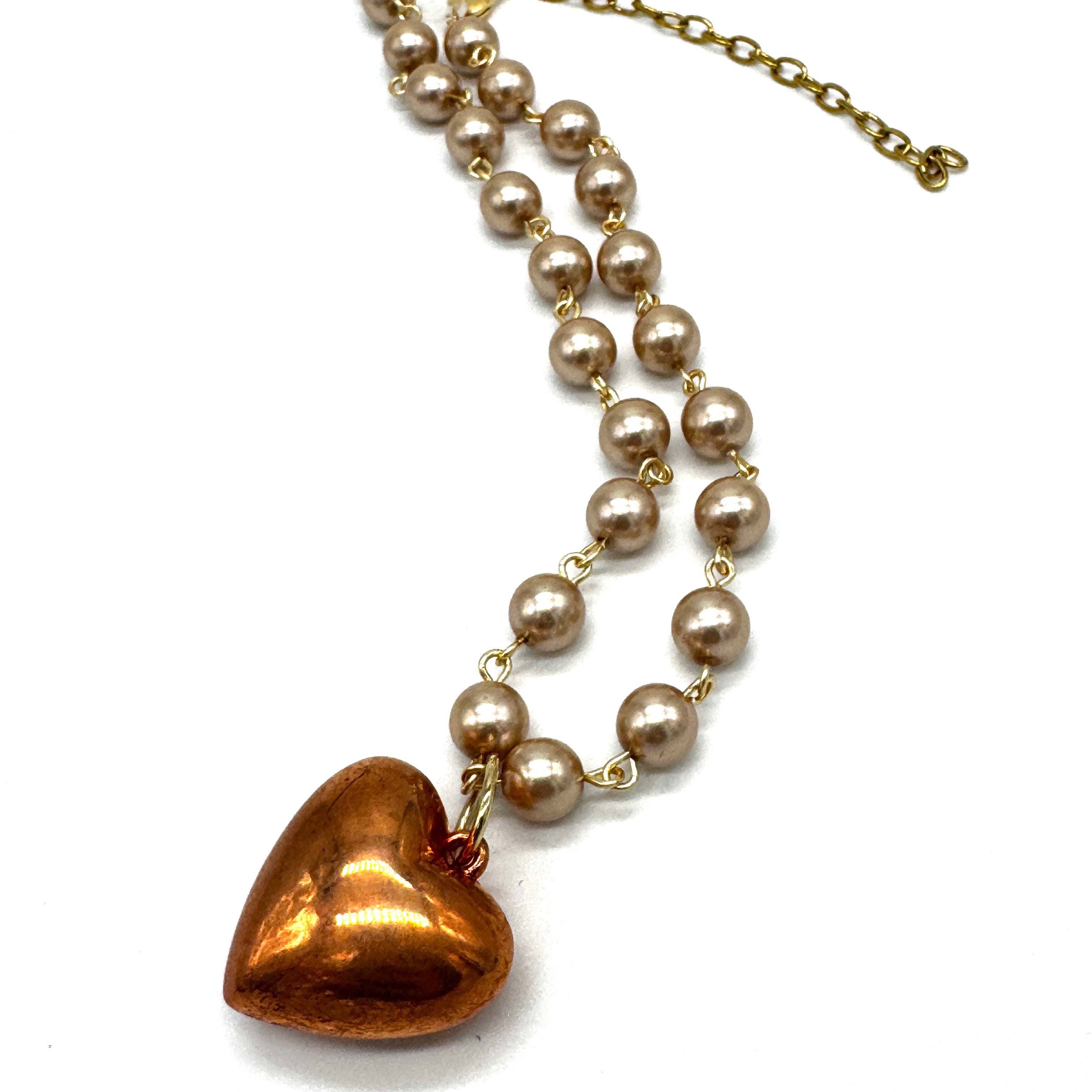Light Champagne Glass Pearls &amp; Copper Heart Necklace