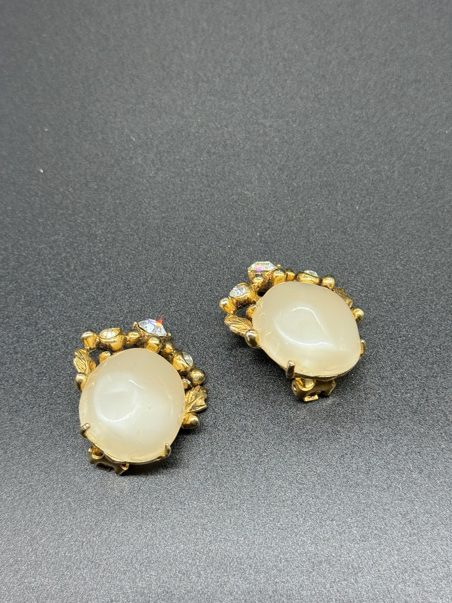 White Moonglow with Crystals Clip On Earrings - Estate