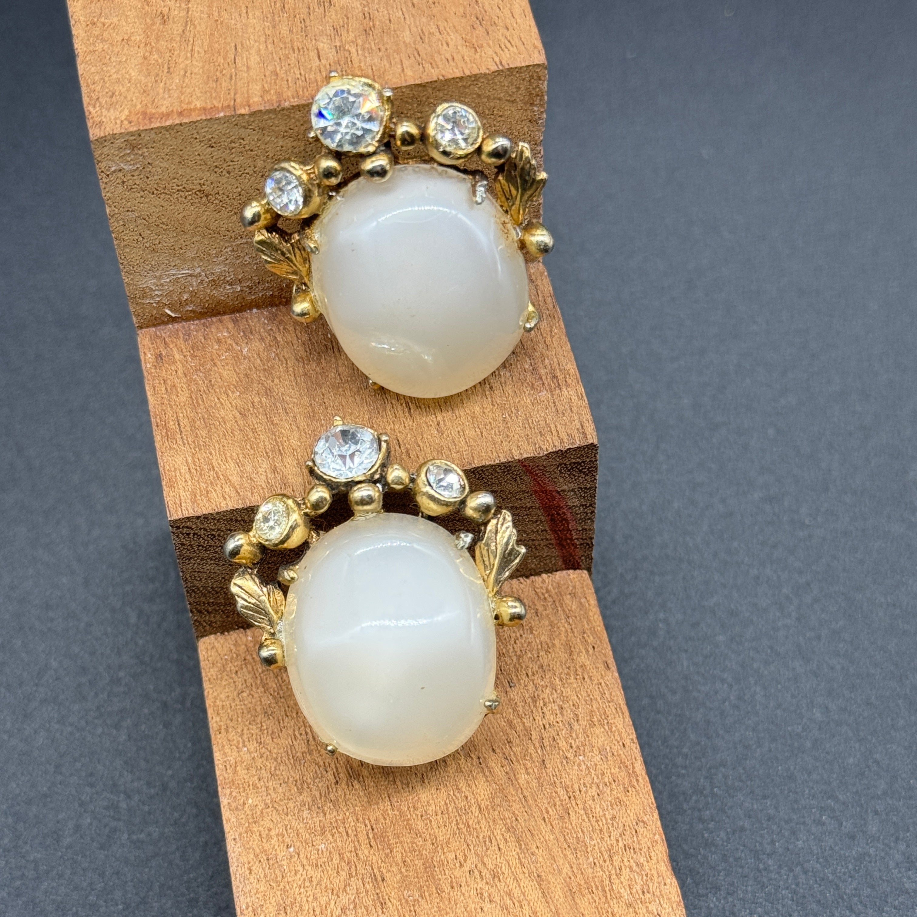 White Moonglow with Crystals Clip On Earrings - Estate