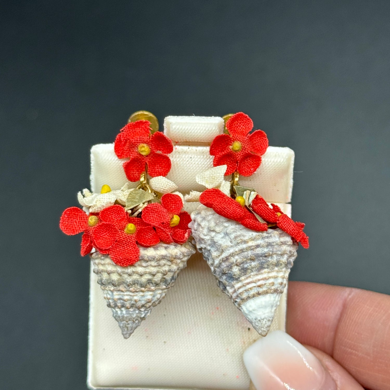 Red War Era Millinery Shell Earrings - Screw Back - Deadstock Rare