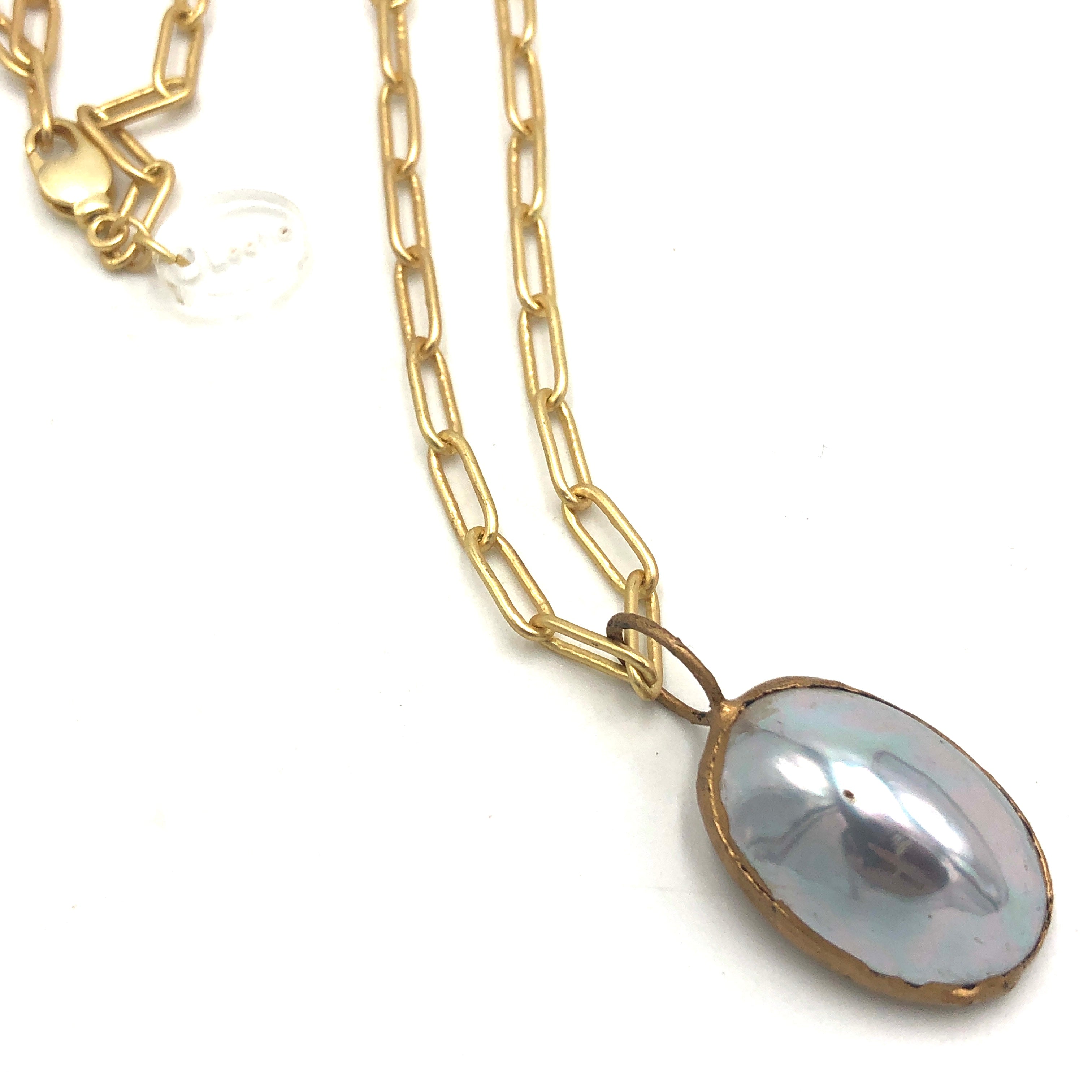 Silver Grey Shell Pearl Oval GOLD Layering Necklace