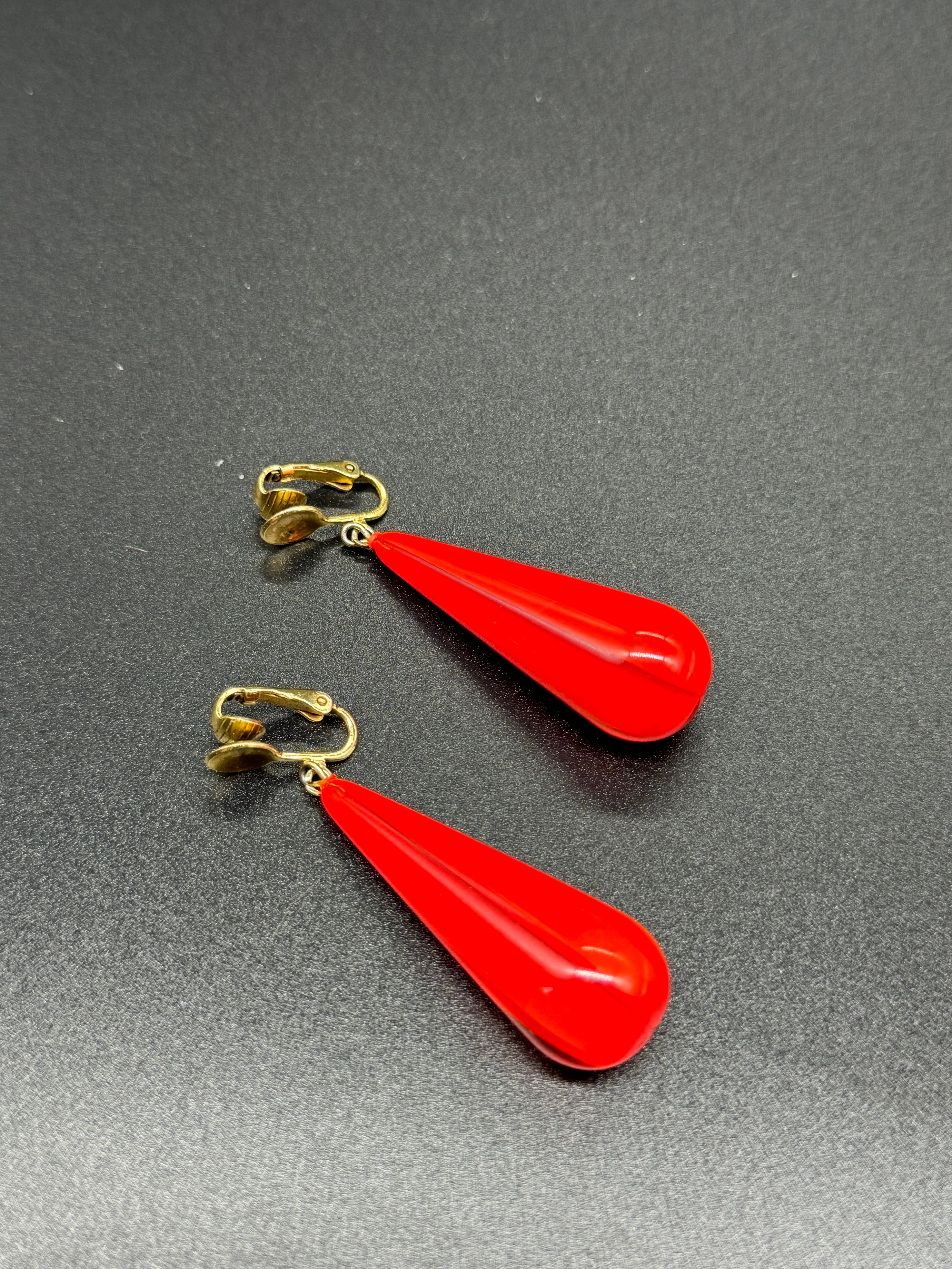 Orange Encased Teardrop Best Plastics Clip On Drop Earrings - Estate