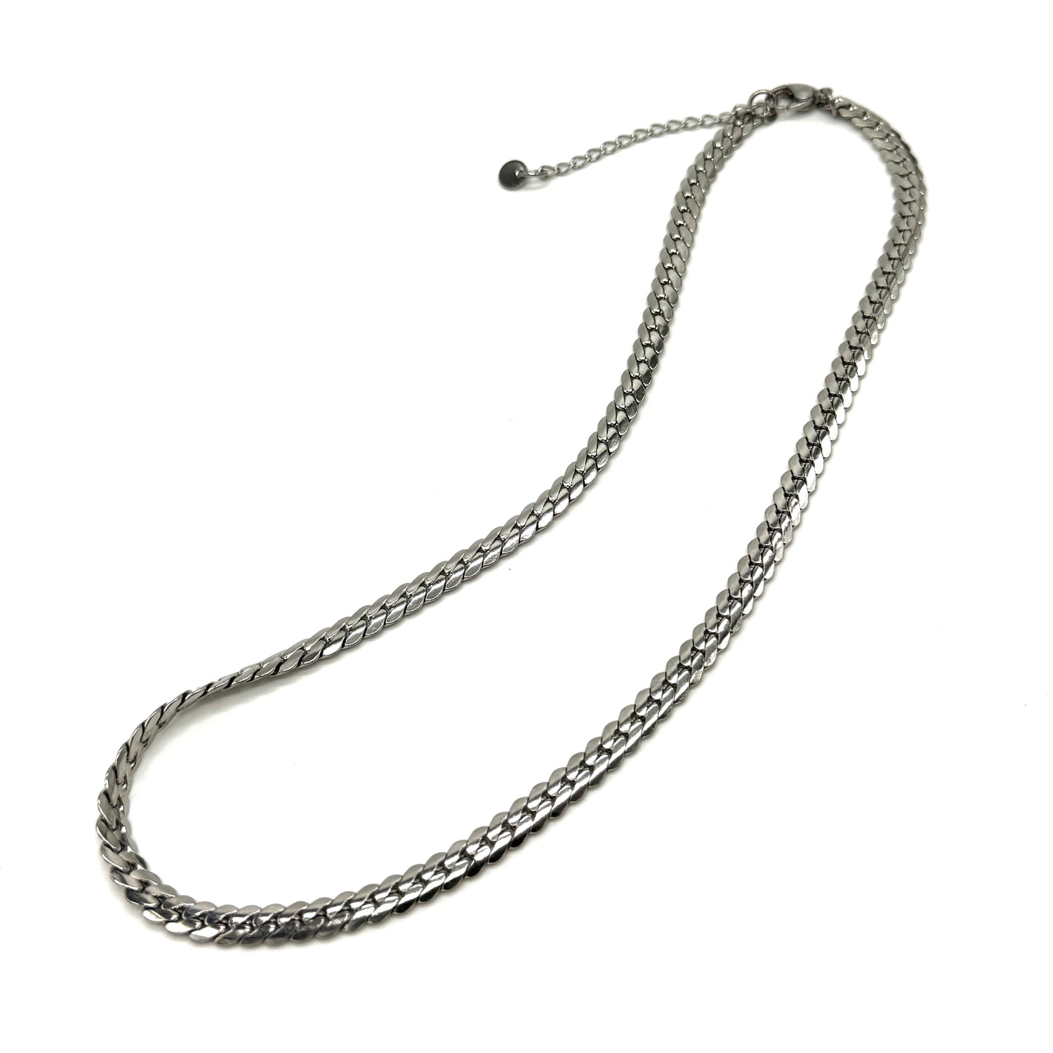 Adjustable silver snake chain necklace on a white background.