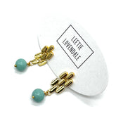 Gold drop earrings with a turquoise glass bead.