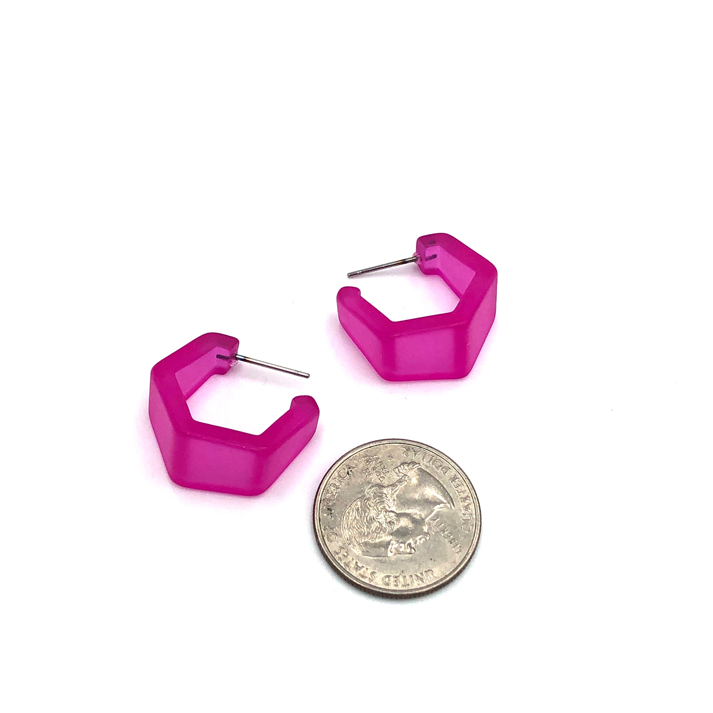 Hot Pink Frosted Tapered Hex Hoop Earrings
