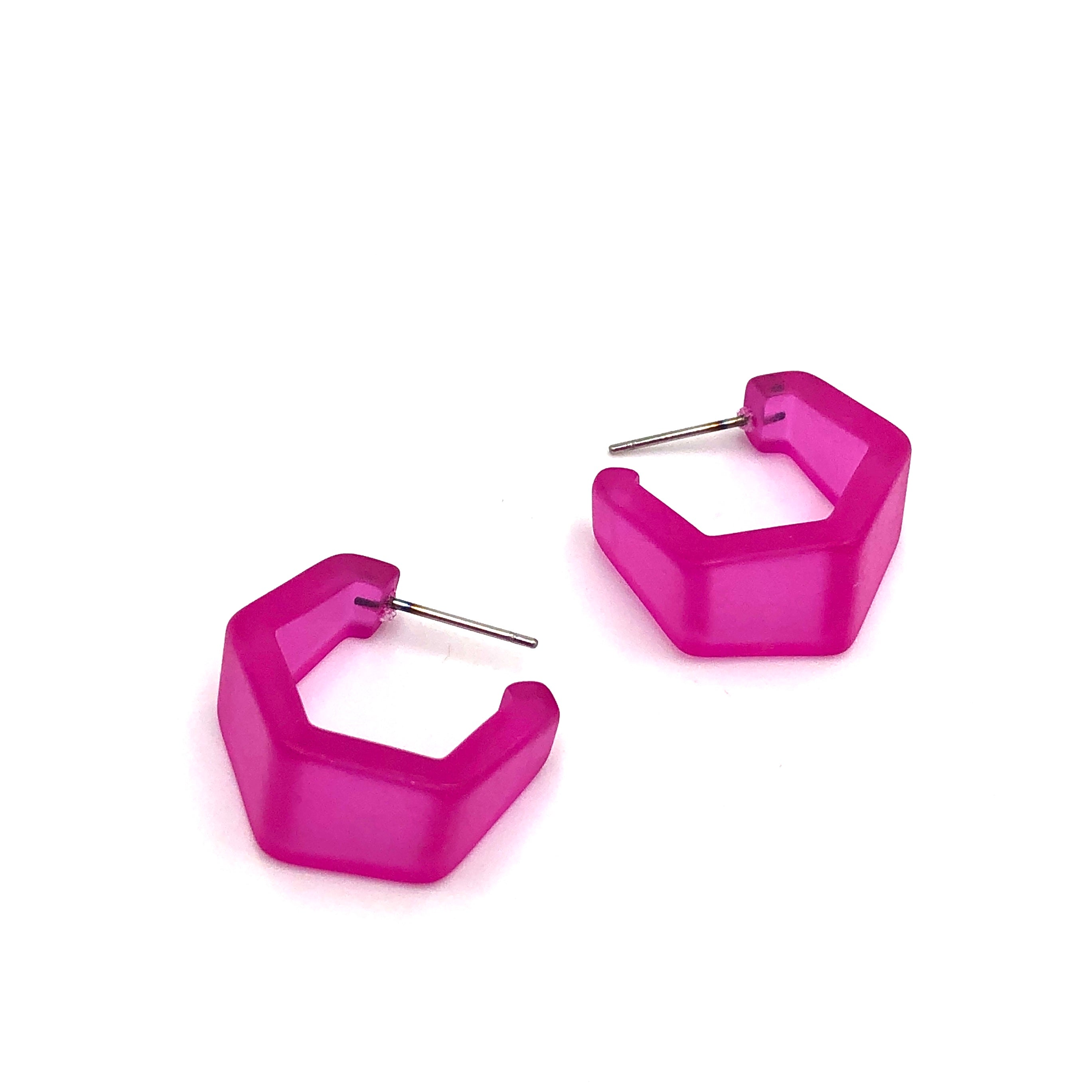 Hot Pink Frosted Hexagon Geo Hoop Earrings