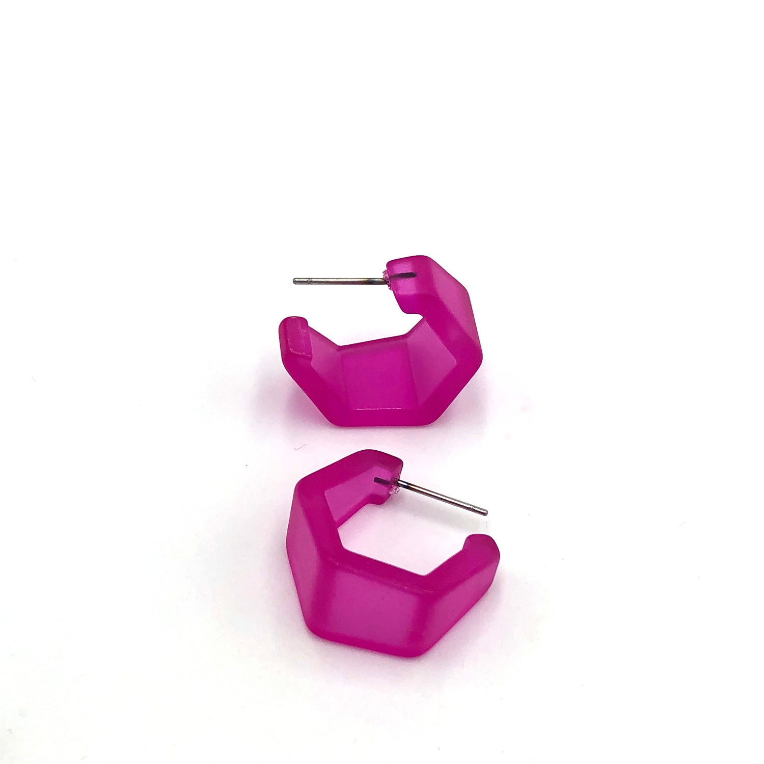 Hot Pink Frosted Tapered Hex Hoop Earrings