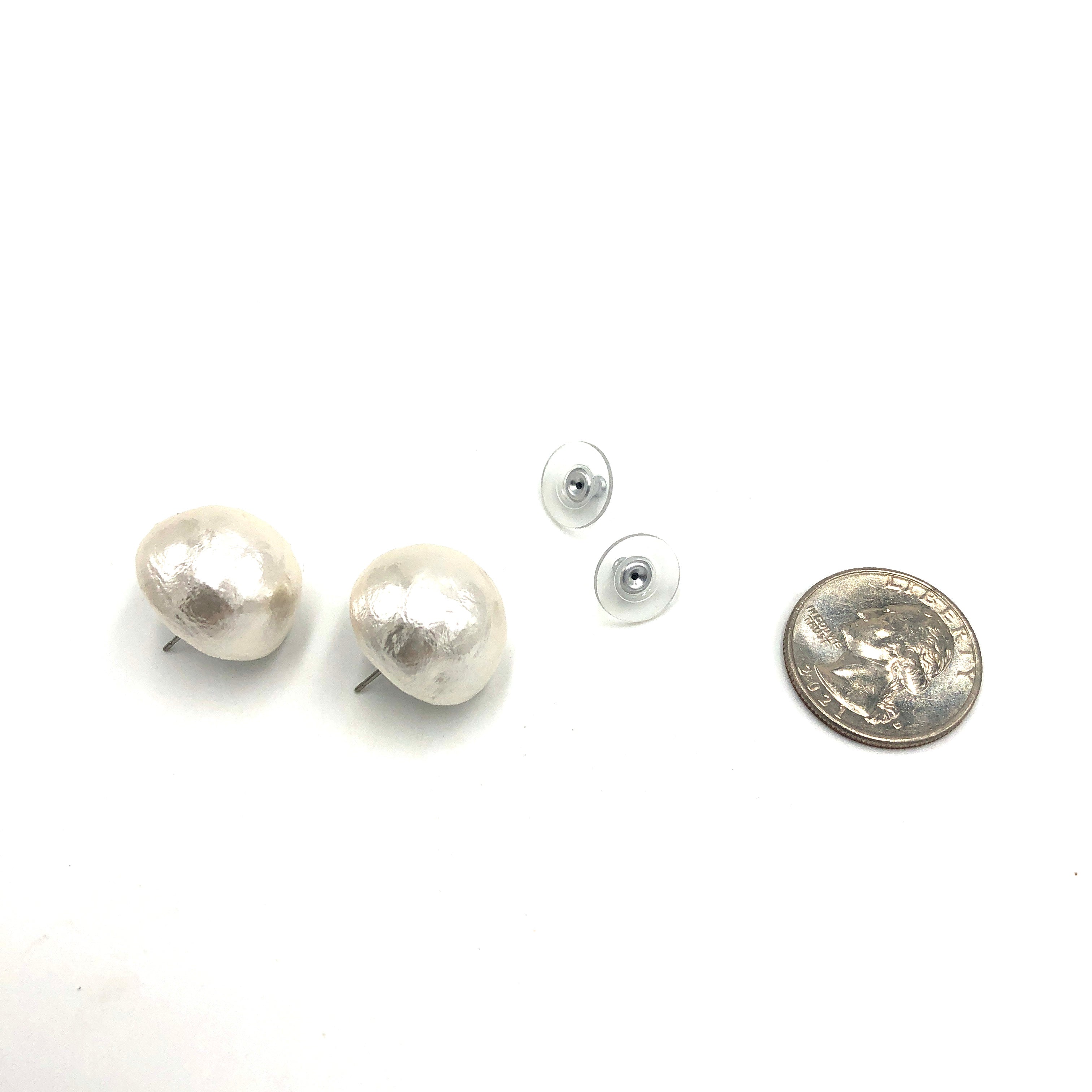 White Cotton Pearl Button Stud Earrings