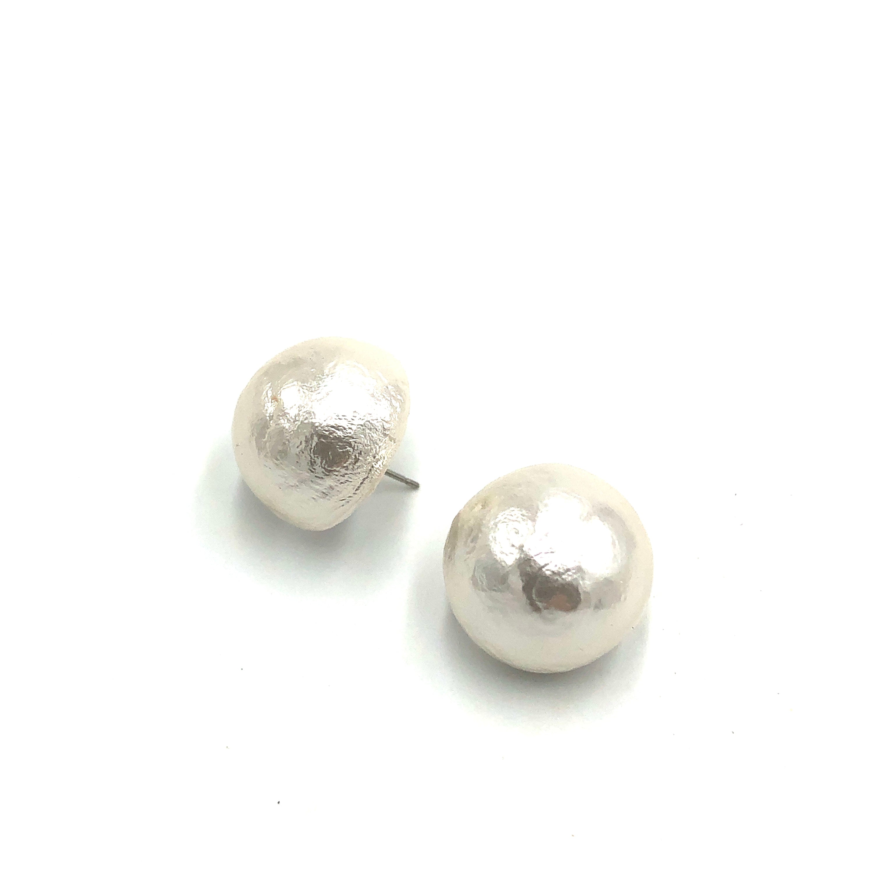 White Cotton Pearl Button Stud Earrings