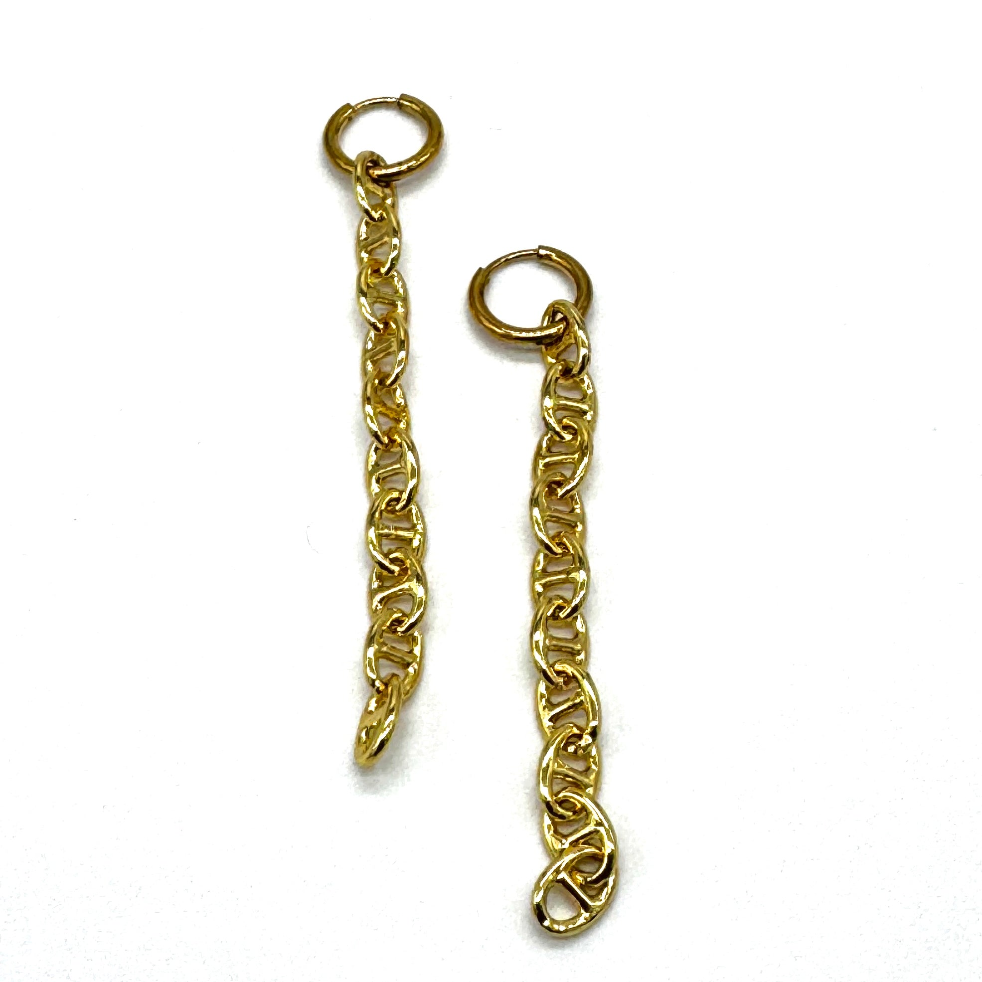 Gold-toned chain earrings with oval links, displayed on a plain white background.