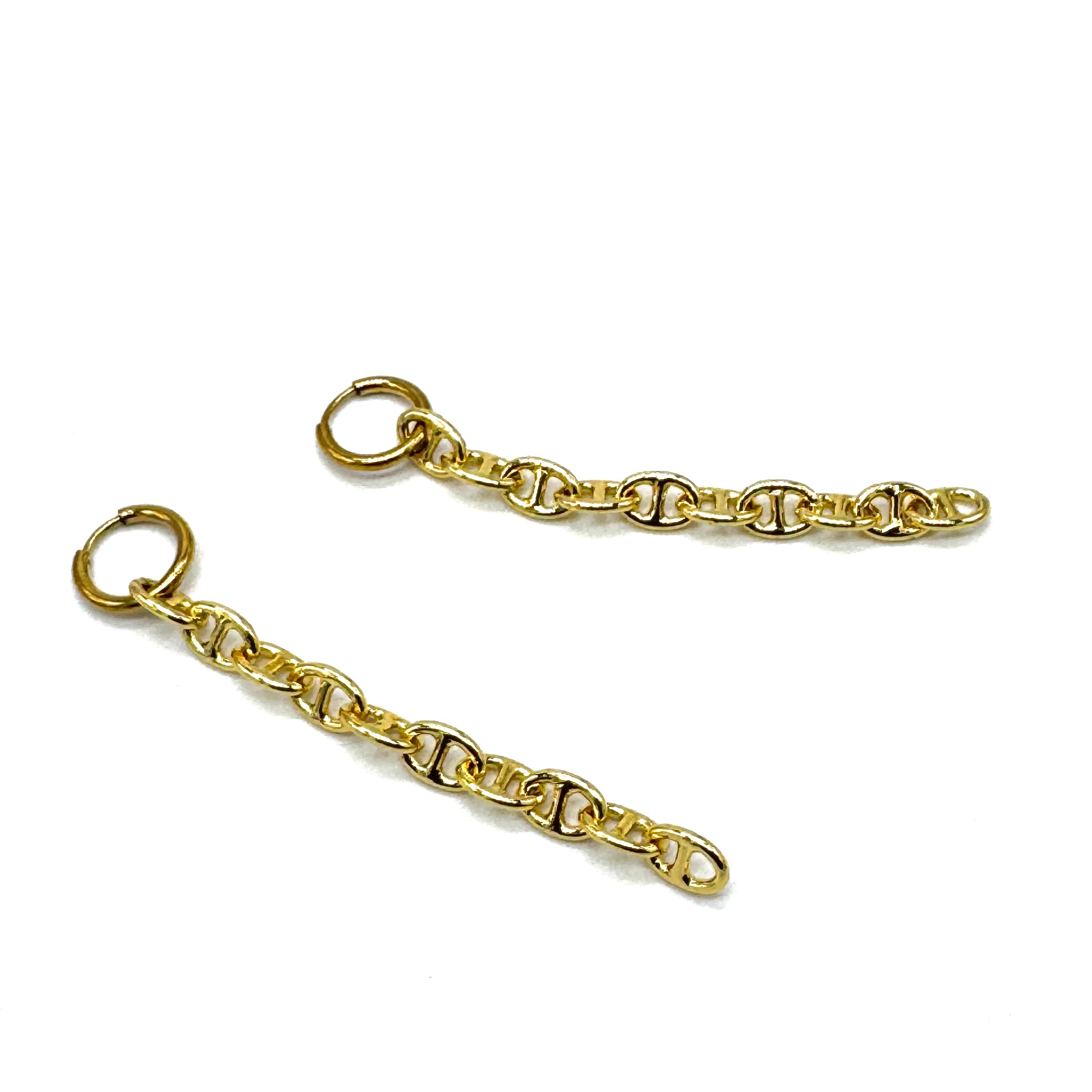 Two gold-toned chain link earrings, displayed on a clean white background