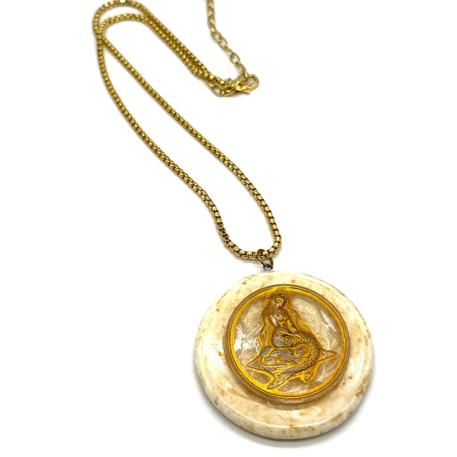 Ivory and Gold Mermaid Vintage Button Vault Necklace - Medium