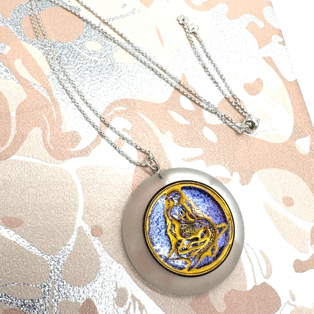 Golden Purple Mermaid Vintage Button Vault Necklace - 24"