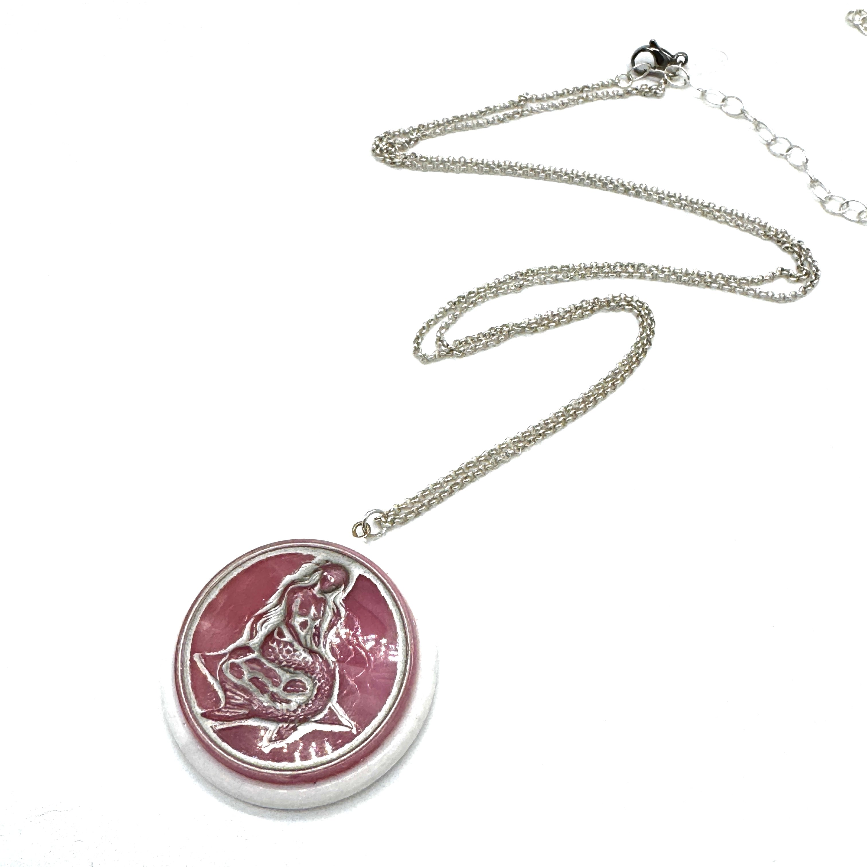 Silvery Red Mermaid Vintage Button Vault Necklace - Long