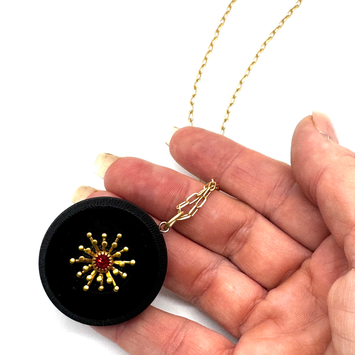 Starburst Hot Pink Bling Black Vintage Button Vault Necklace - 18"
