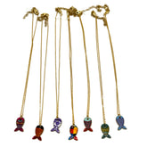 Six gold-tone chain necklaces with colorful fish-shaped pendants, displayed vertically against a plain white background.