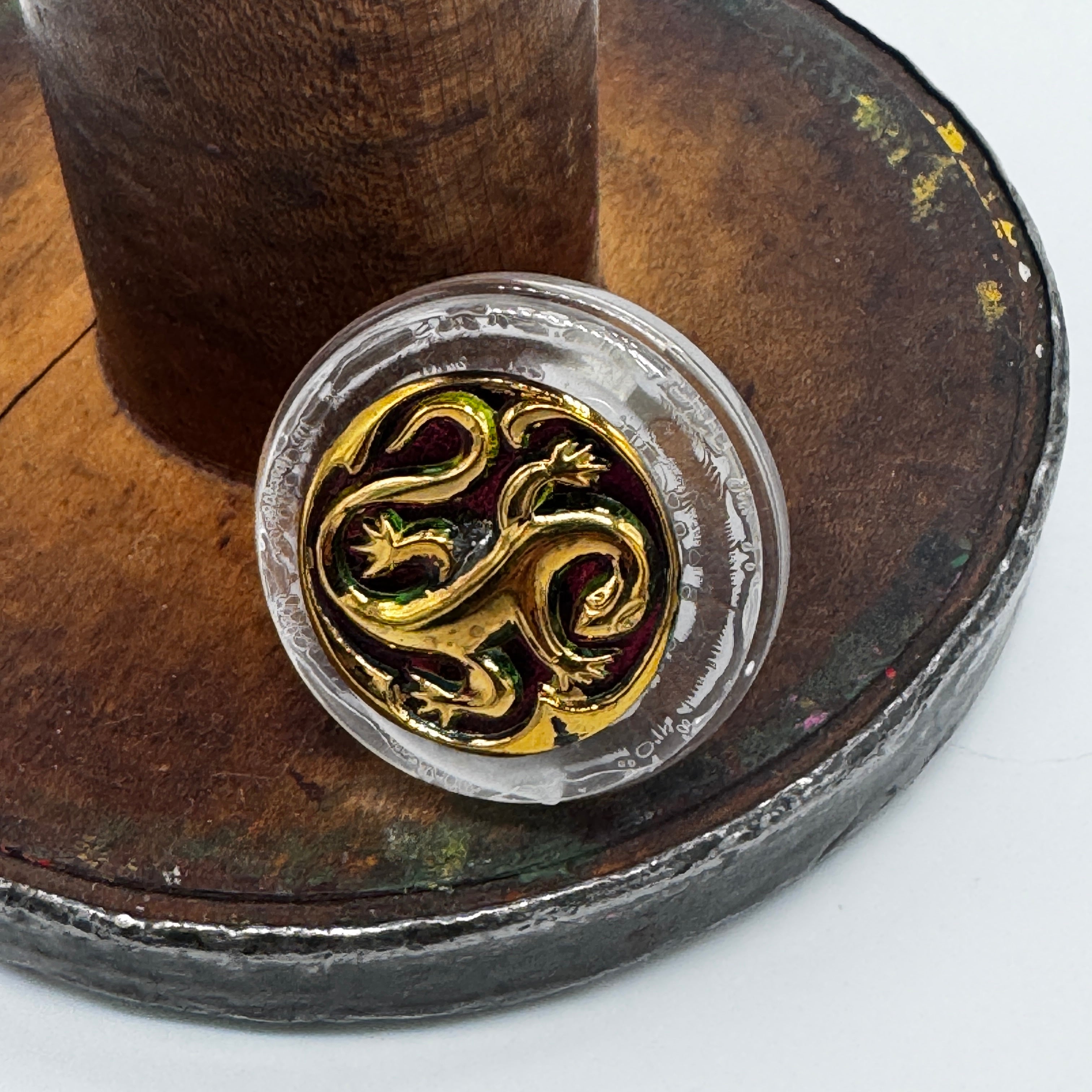 Clear Golden Lizard Vintage Button Vault Cocktail Ring