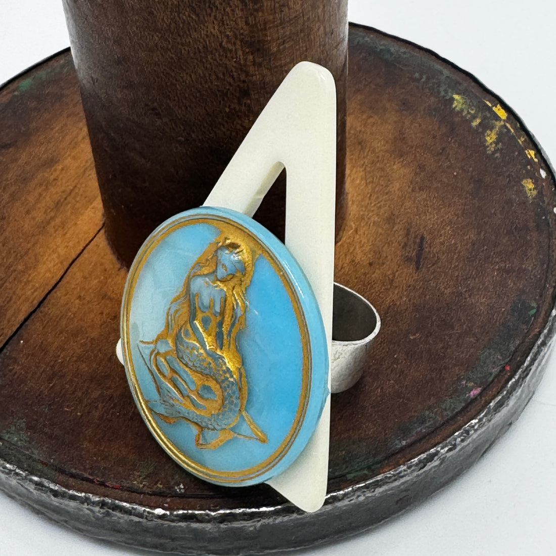 Gold and Blue Mermaid with Triangle Vintage Button Vault Cocktail Ring