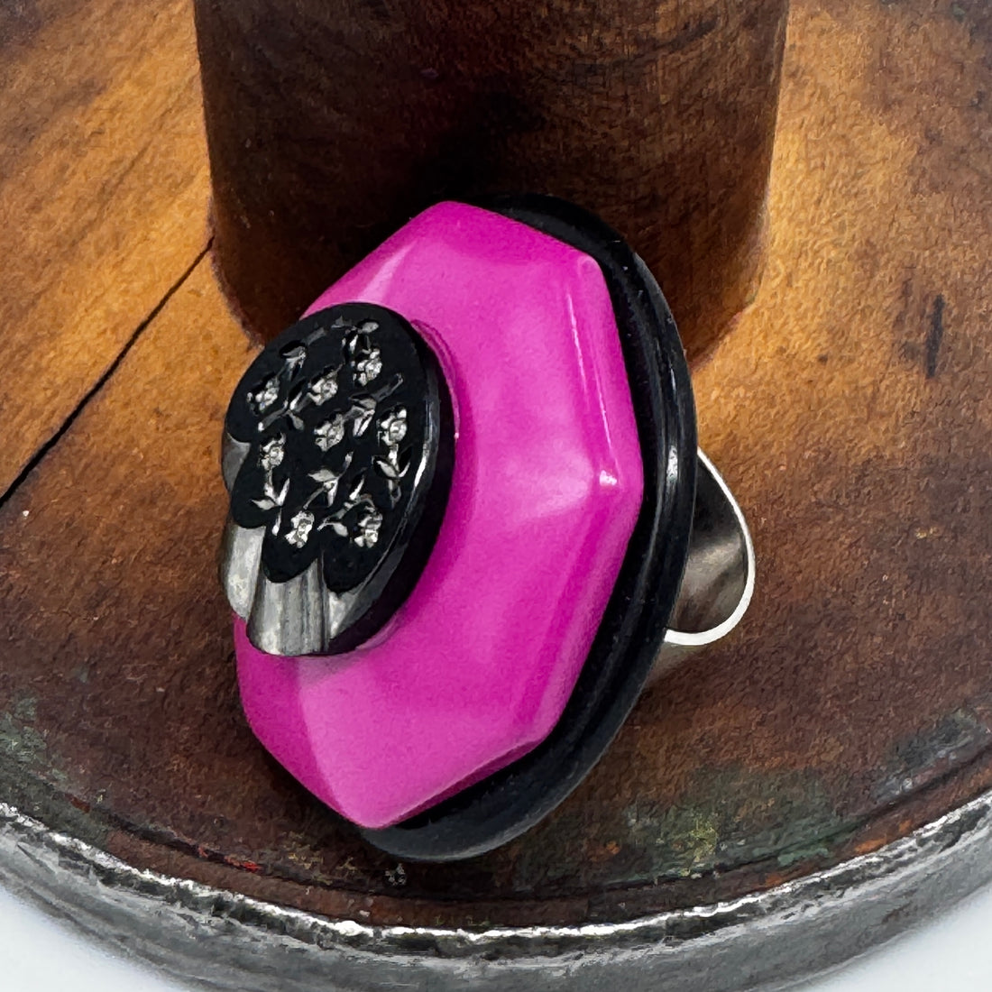 Black and Hot Pink Vintage Button Vault Cocktail Ring