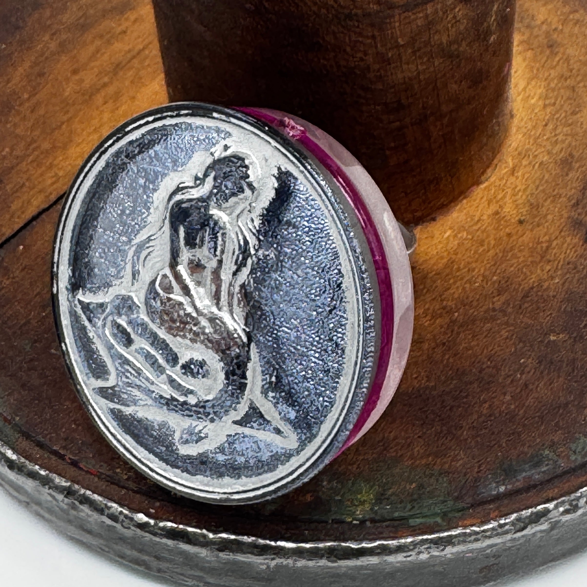 Silver Peri and Pink Mermaid Vintage Button Vault Cocktail Ring